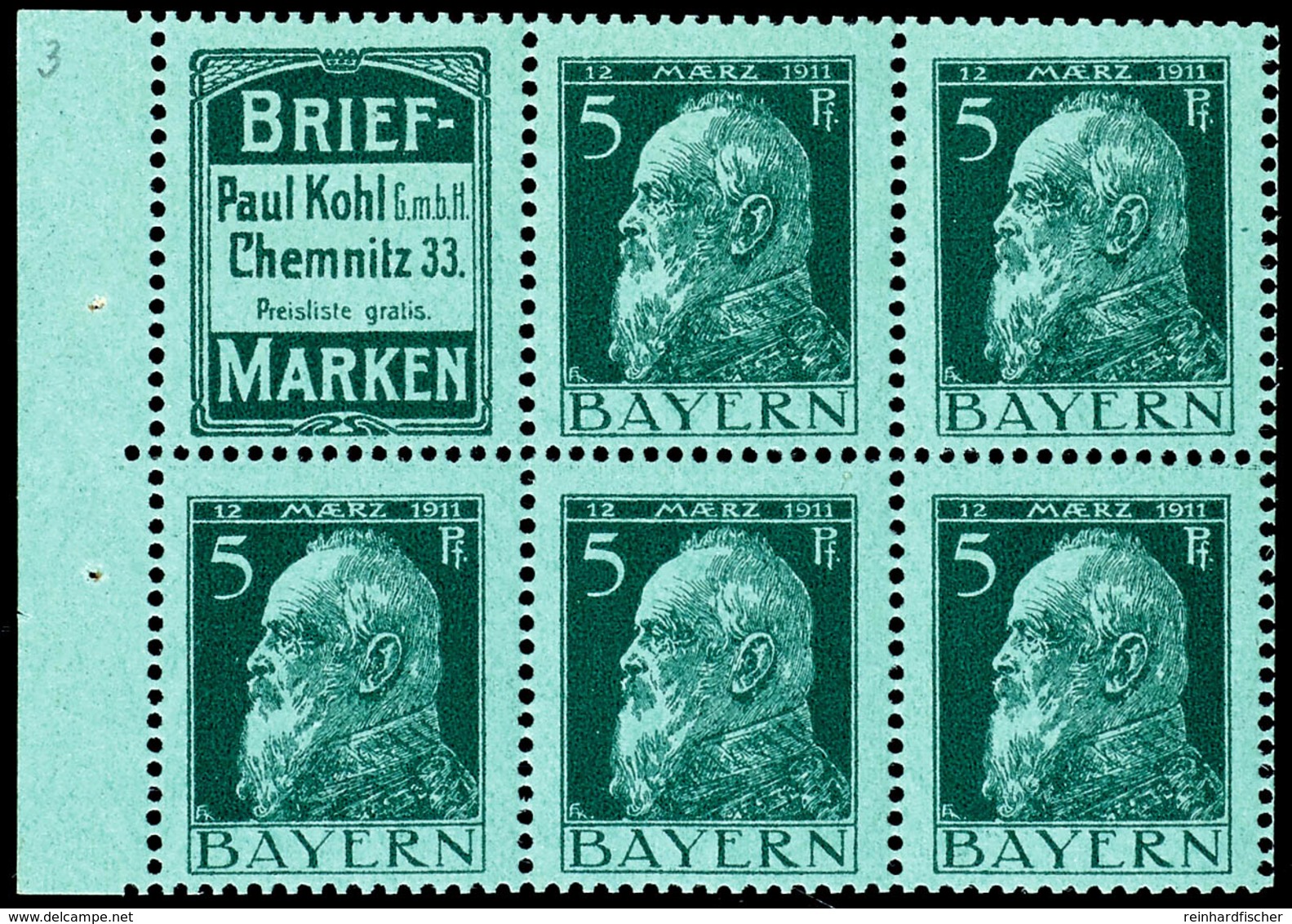 Briefmarken Paul Kohl Chemnitz + 5 Pfg Luitpold, Heftchenblattrand Ndgz, Tadellos Postfrisch, Selten., Katalog: H.-Bl.3. - Sonstige & Ohne Zuordnung