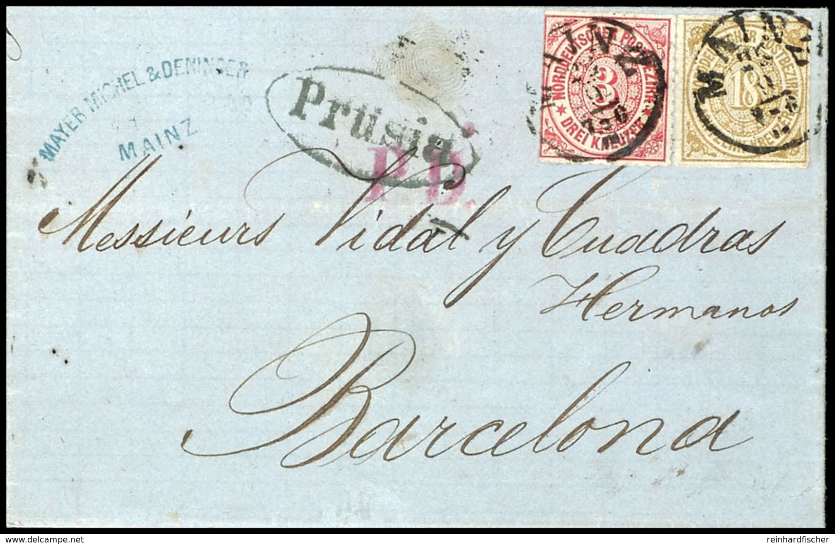 18 Kr. Olivbraun Und 3 Kr. Karmin Auf Brief Von "MAINZ 29.9" (1868) Nach Barcelona Mit Schwarzem Oval-Stempel "Prusia" U - Sonstige & Ohne Zuordnung