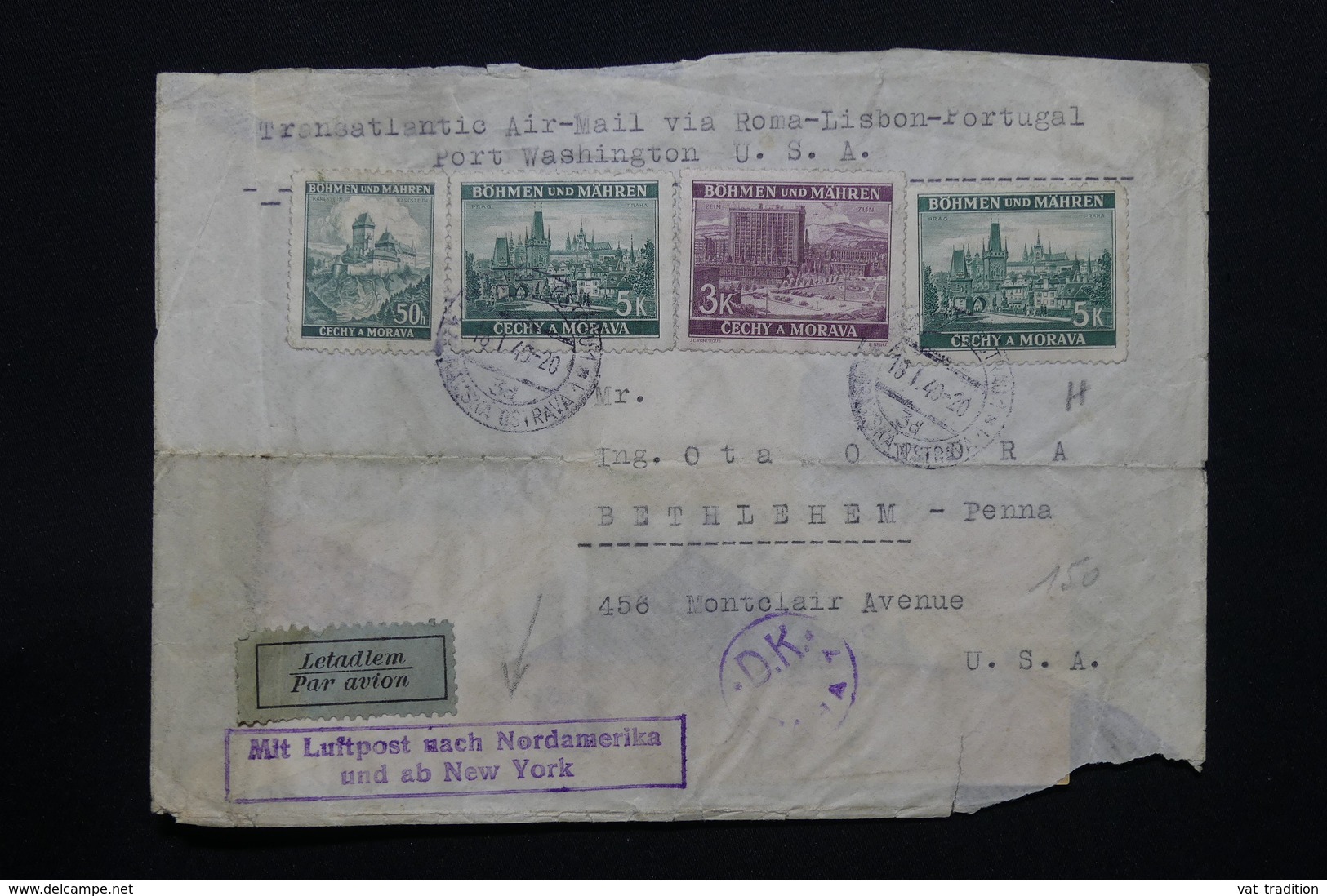 BOHÊME & MORAVIE - Enveloppe Par Avion Pour Les Etats Unis En 1940  , Affranchissement Plaisant Avec Contrôle - L 27923 - Lettres & Documents