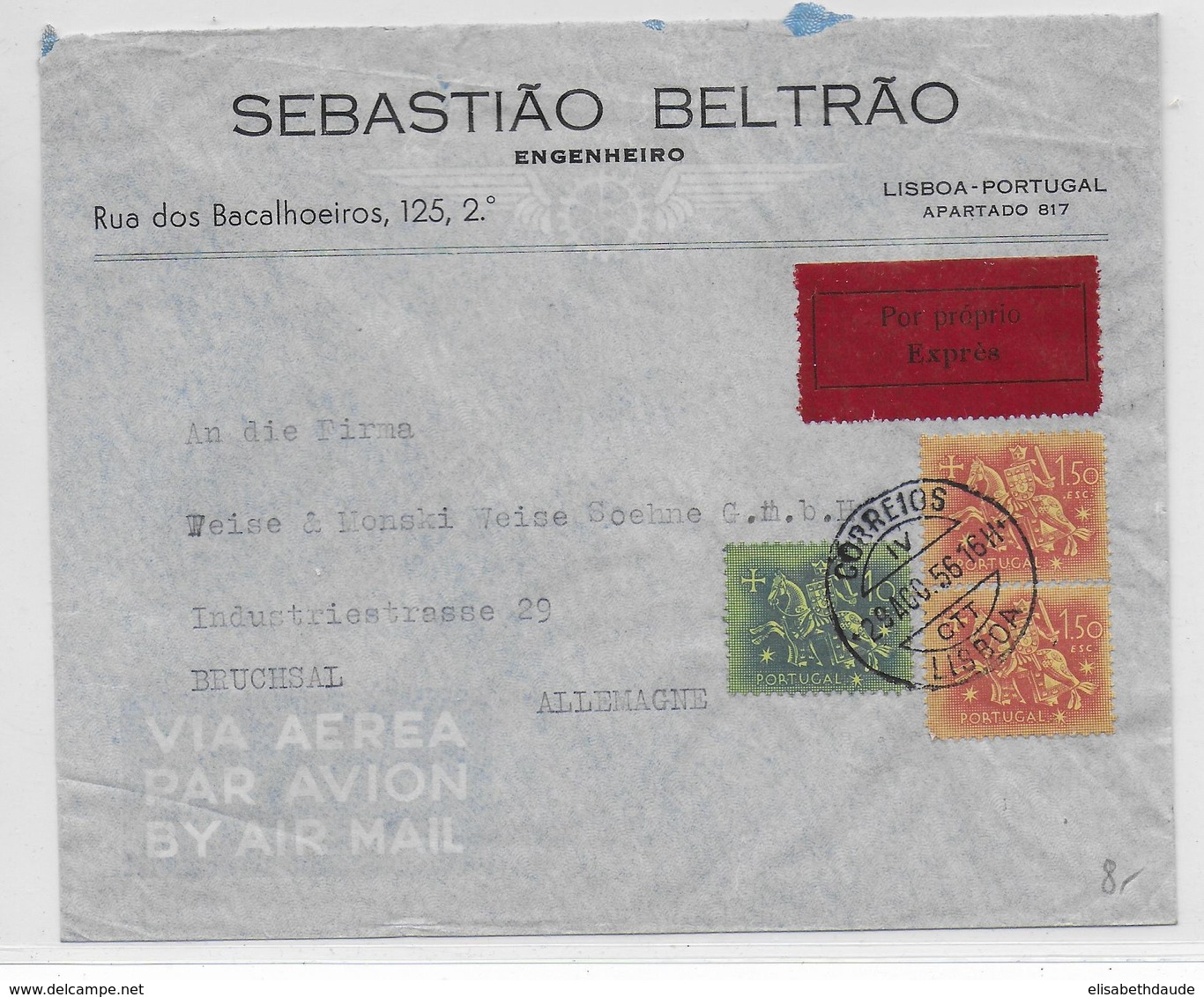 PORTUGAL - 1956 - ENVELOPPE EXPRES De LISBOA => BRUCHSAL (GERMANY) - Lettres & Documents