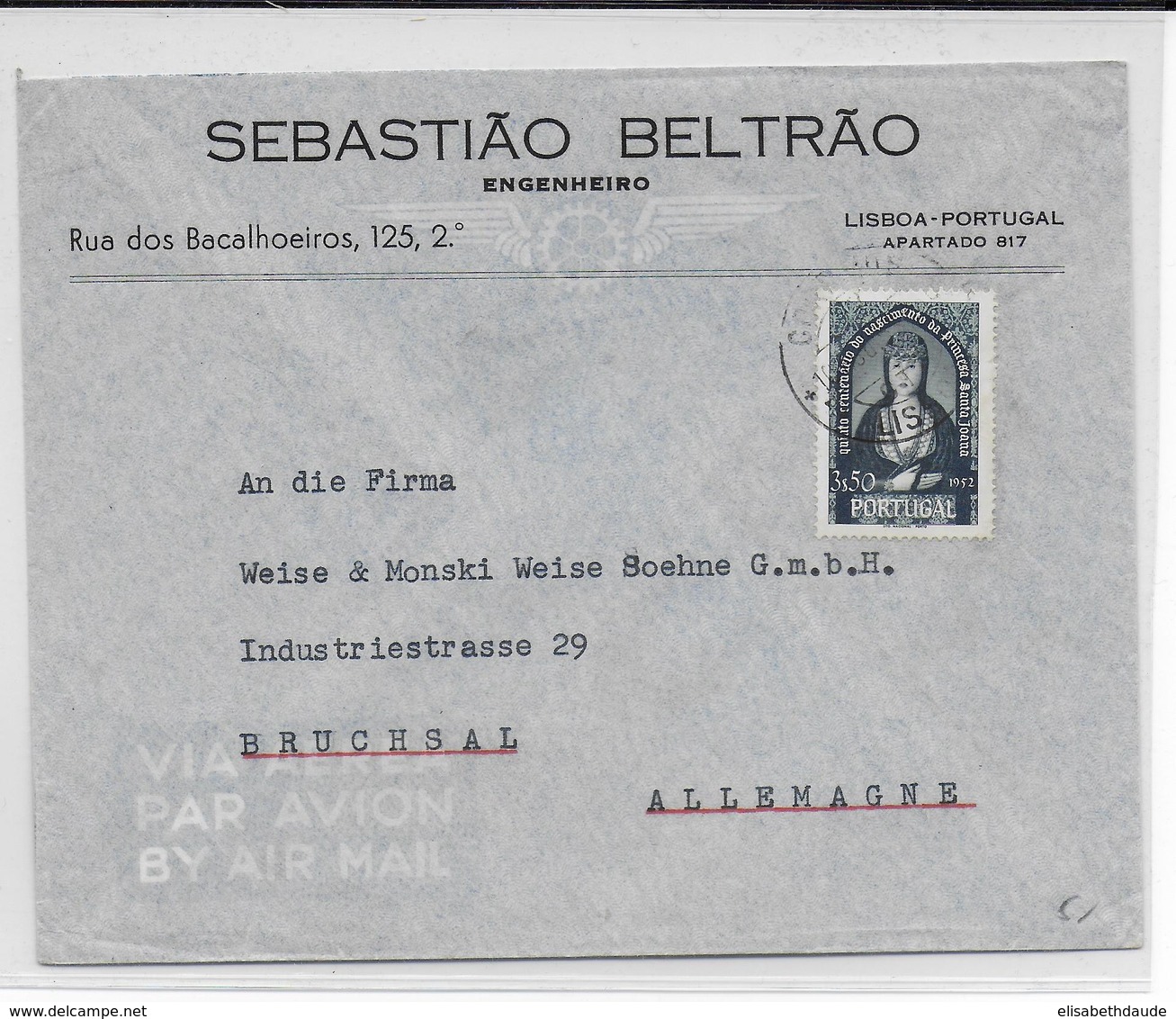 PORTUGAL - 1953 - ENVELOPPE Par AVION De LISBOA => BRUCHSAL (GERMANY) - - Lettres & Documents