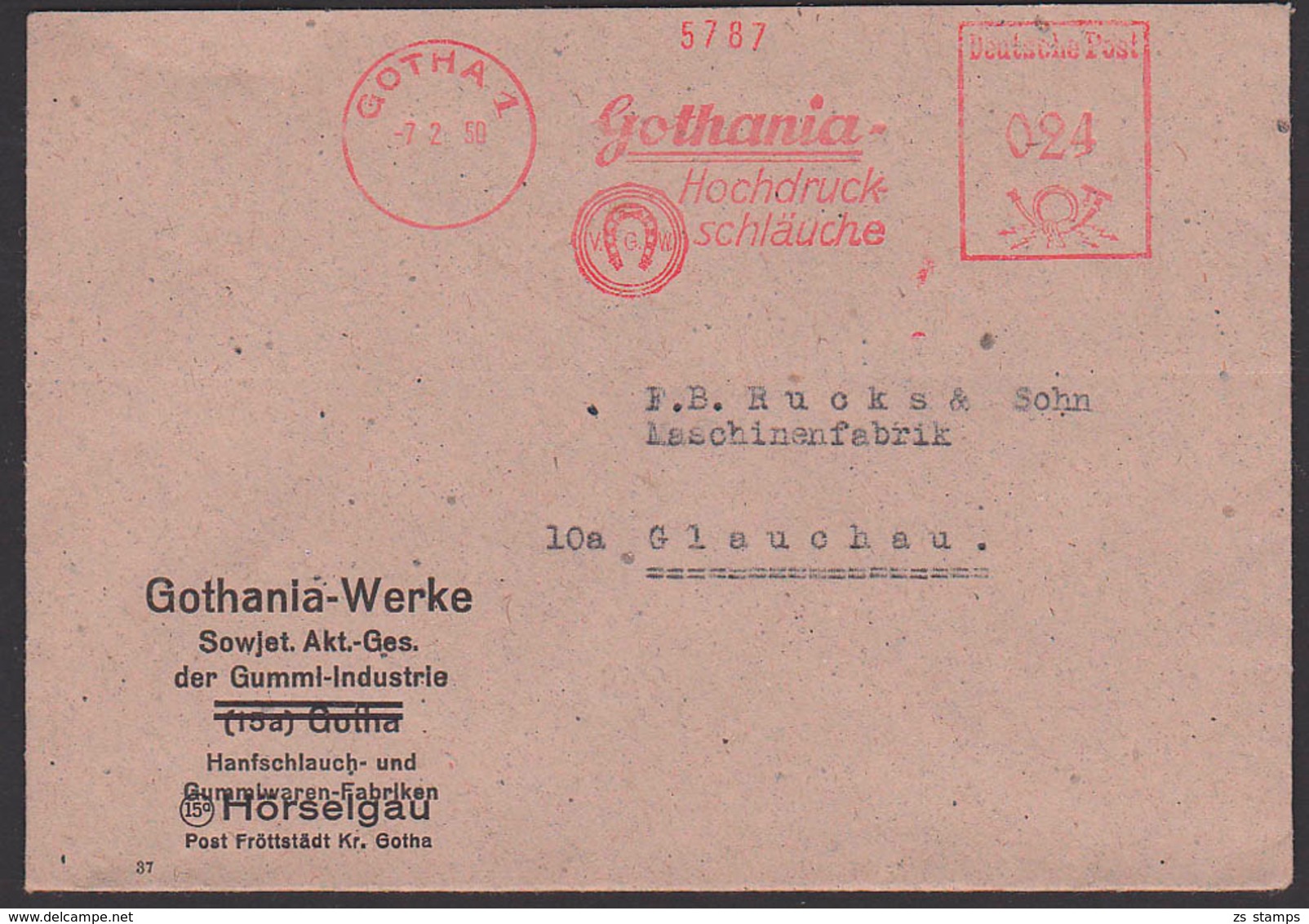 GOTHA AFS =024= 7.2.50 Fernbrief Gothania Hochdruckschläuche Sowjetische Akt. Ges. Hörselgau Hanfschlauch - Frankeermachines (EMA)