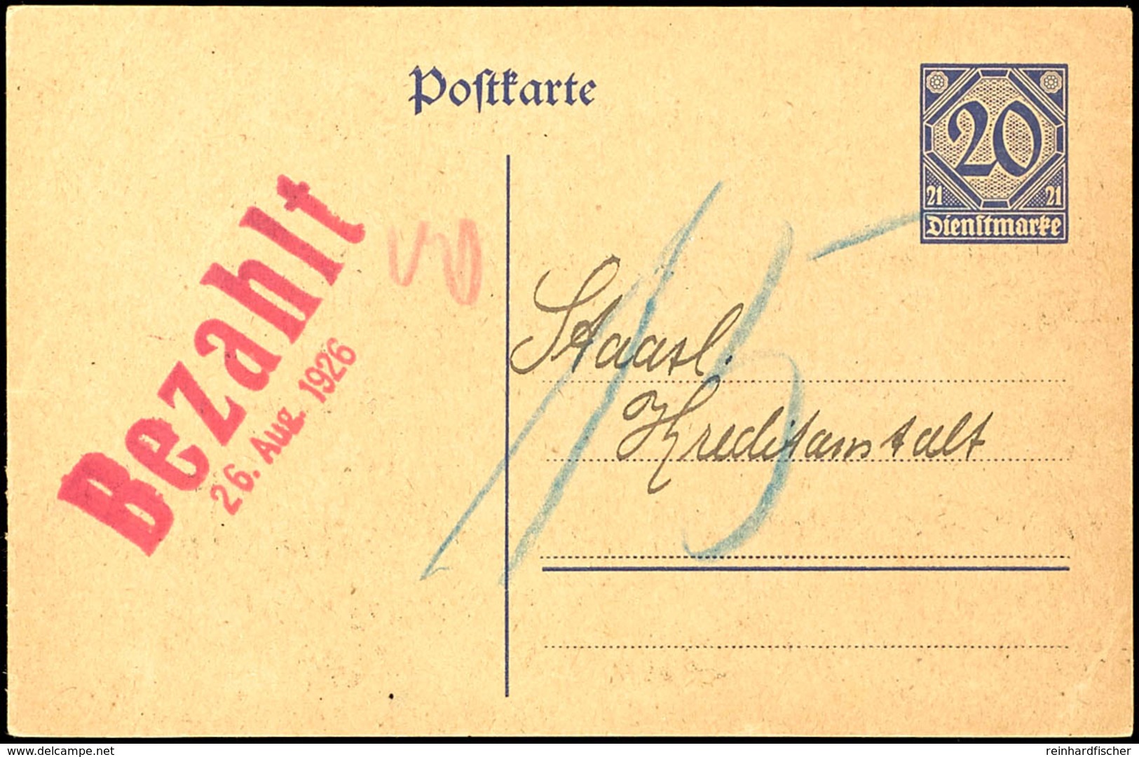 20 Pfg Ganzsachenpostkarte Im Ortsverkehr Von Oldenburg (26.8.1926), Mit Rückseitigem Vordruck Zur Einziehung Von Fehlpo - Sonstige & Ohne Zuordnung