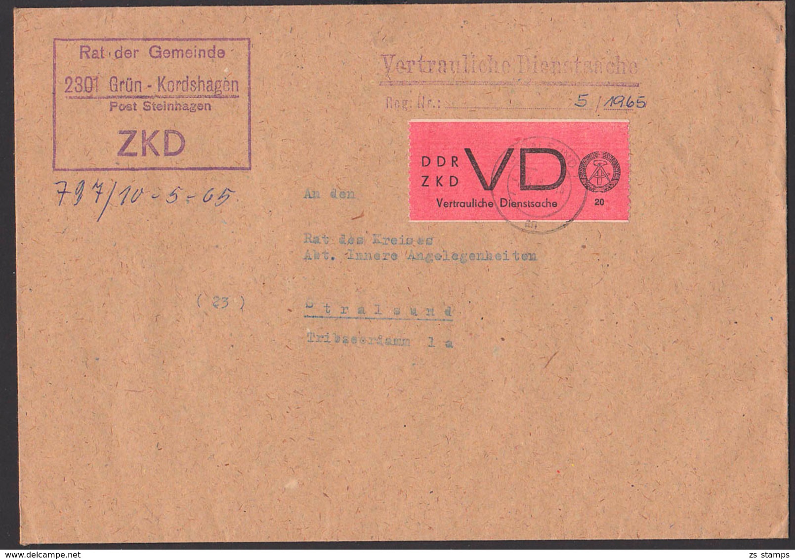 Grün-Kordshagen Post Steinhagen DDR ZKD-Brief 7.5.66 D1 Vertrauliche Dienstsache Rat Der Gemeinde Nach Stralsund - Andere & Zonder Classificatie