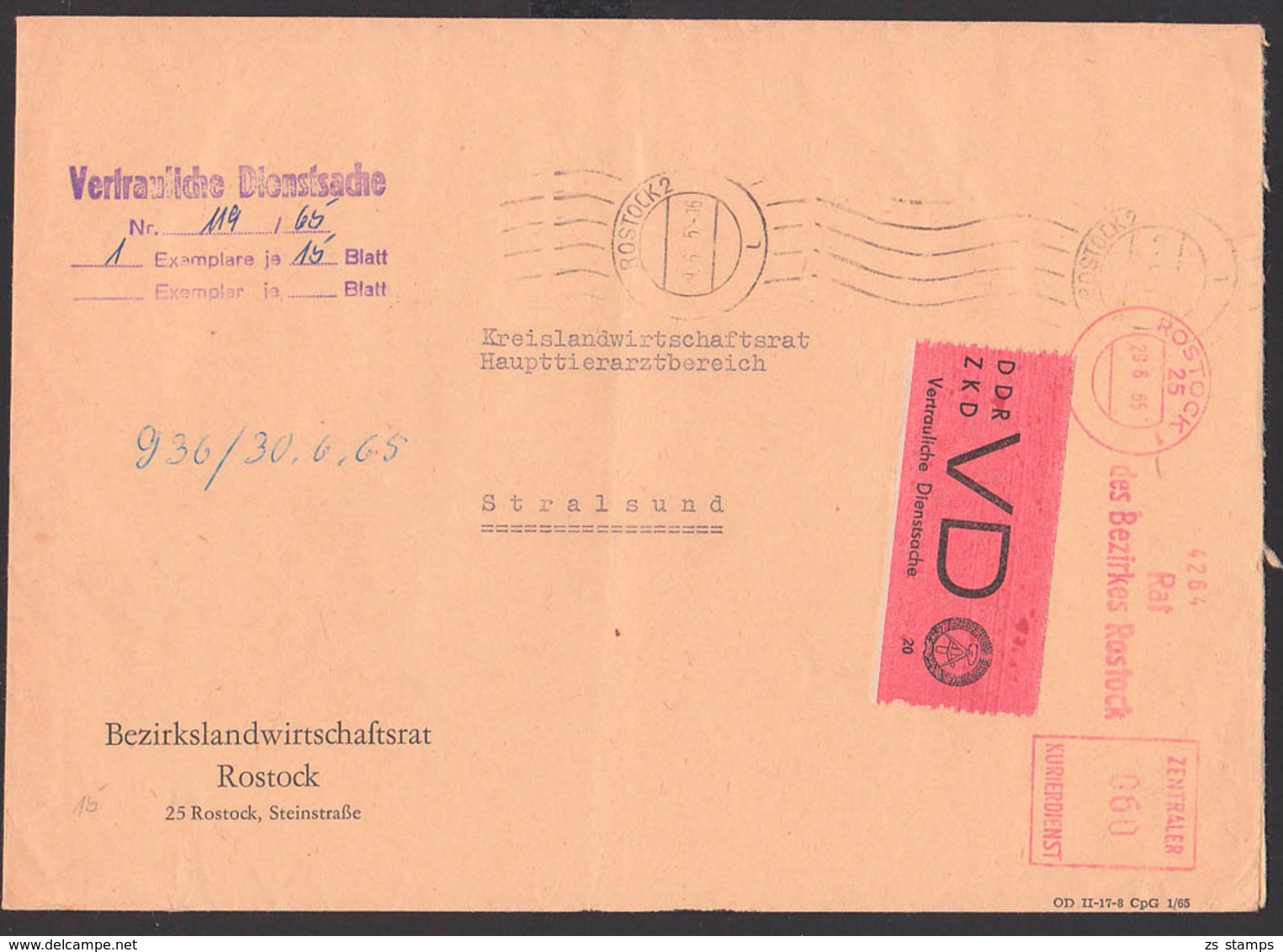 Rostock DDR ZKD-Brief Mit AFS 29.6.65 D1 Vertrauliche Dienstsache Rat Des Bezirkes, Bezirkslandwirtschaftsrat - Andere & Zonder Classificatie
