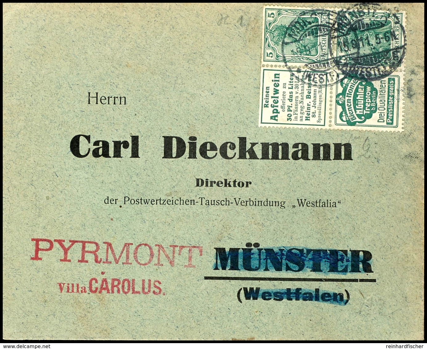 1911, 5 Pf. Zusammendruck W2.1 Und W2.2 Zusammenhängend A. Portogerechten Brief Von Münster Nach Pyrmont, Oberer Zusamme - Sonstige & Ohne Zuordnung