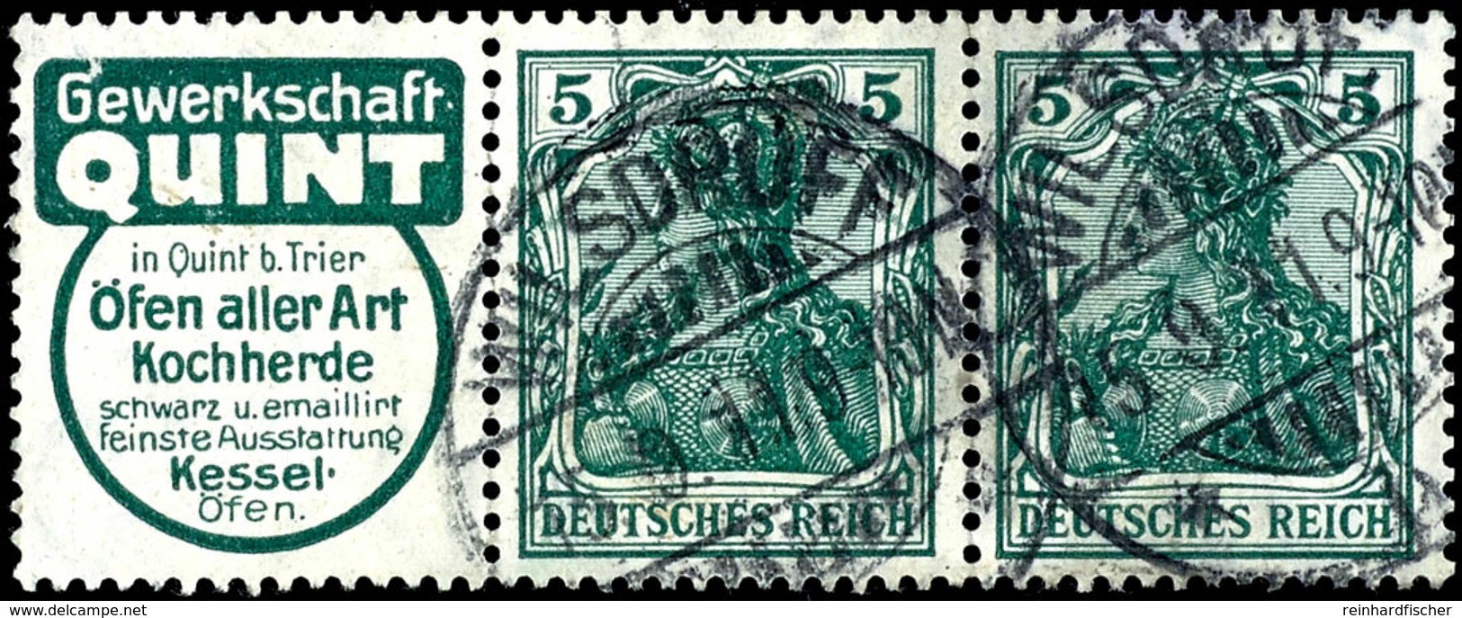 Germania 1911/12, Quint + 5 Pfg Germania, Waagerechter Zusammendruck, Gestempelt Mit Datumbrücken-Gitterstempel "Wilsdru - Autres & Non Classés