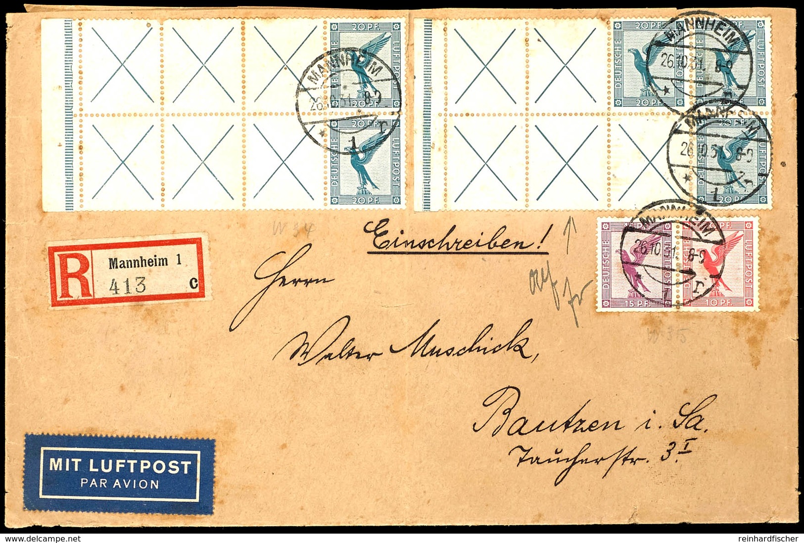 1931, RL 15.2 (XXX+20 Mit Randleiste), 3 Mal In MiF Mit RL 15.1 Und W22 Auf Eingeschriebenem Luftpost-Brief Von Mannheim - Sonstige & Ohne Zuordnung
