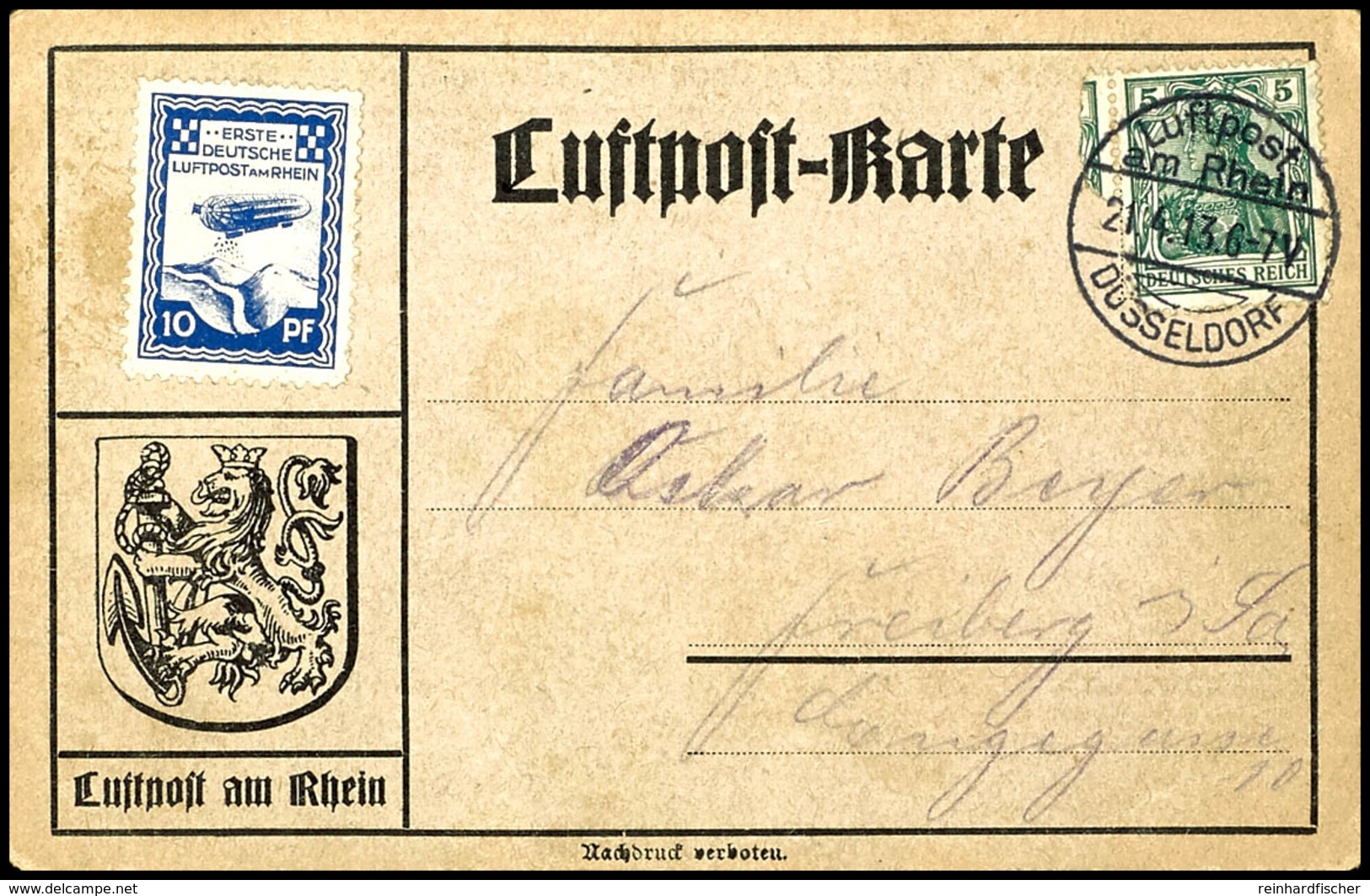 1913, 10 Pfg. Zeppelinflugtage Düsseldorf Ungestempelt Auf Zwei Verschiedenfarbigen Sonderkarten Mit 5 Pfg. Germania Und - Poste Aérienne & Zeppelin