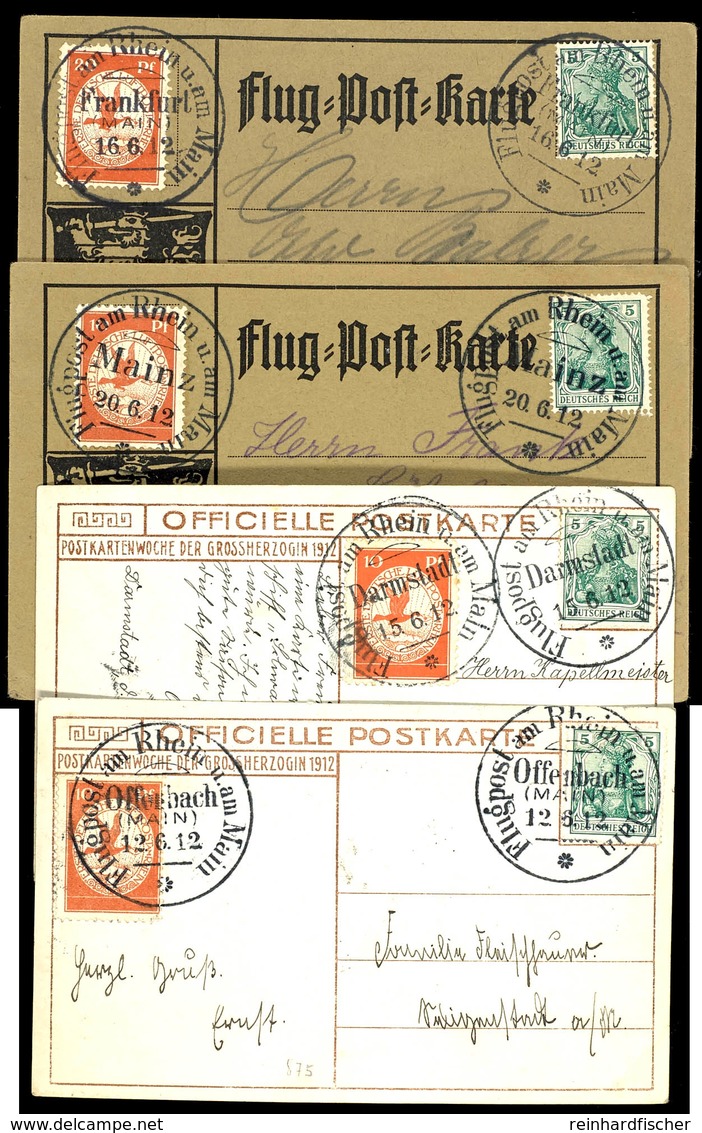 1912, Flugpost Rhein/Main, 4 Karten, Mit 10(3) Bzw. 20 Pfg-Marke Frankiert, Dabei Zwei Bildpostkarten, Alle Mit Verschie - Autres & Non Classés