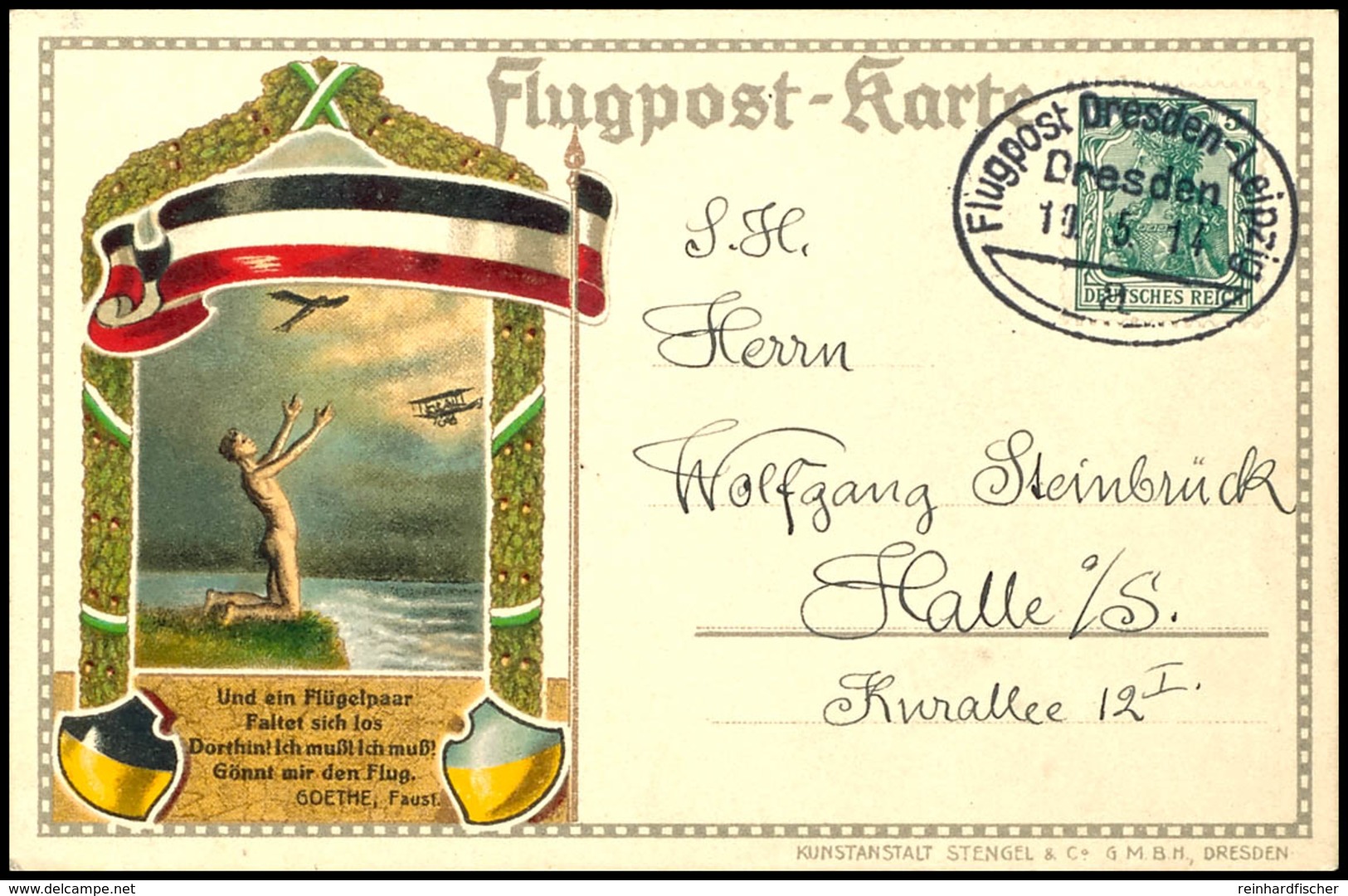 1914, Flugpost Dresden - Leipzig, Farbige Sonderkarte Mit Entwertung Durch Ovalstempel "10.5.14", Gute Erhaltung.  BF - Sonstige & Ohne Zuordnung