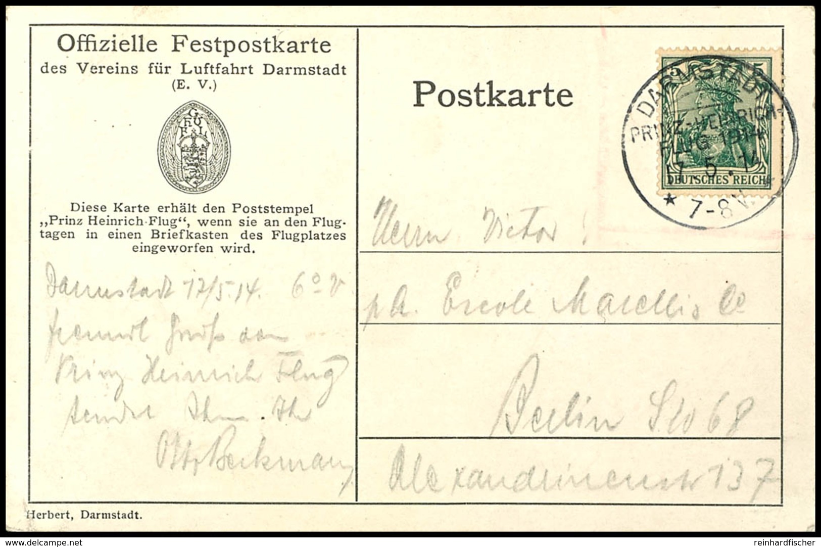 1914, "DARMSTADT PRINZ-HEINRICH-FLUG 1914 17.5.14", Klar Auf Entsprechender Farbiger Sonderkarte Des Verein Für Luftfahr - Sonstige & Ohne Zuordnung