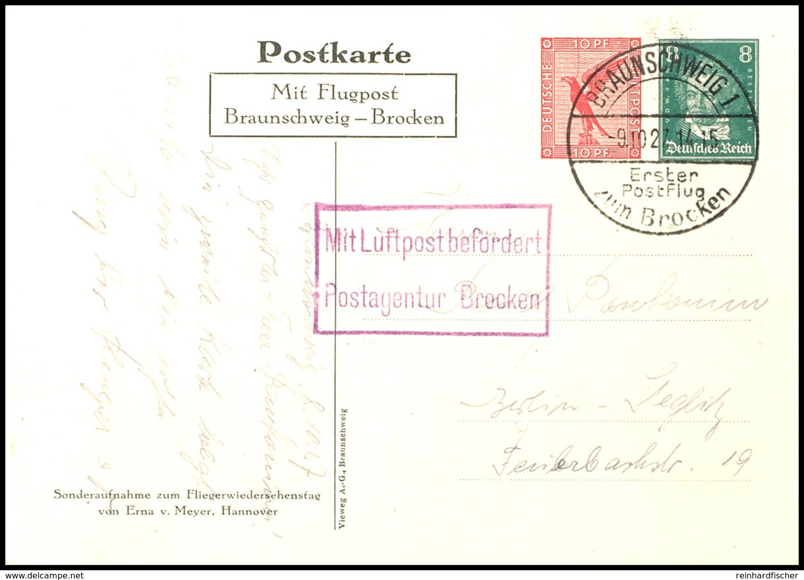 1927, 8 Pfg Beethoven Neben 10 Pfg Flugpost (Steinadler) Als Privatganzsache "Hindenburg" Mit Sonderstempel "Braunschwei - Sonstige & Ohne Zuordnung