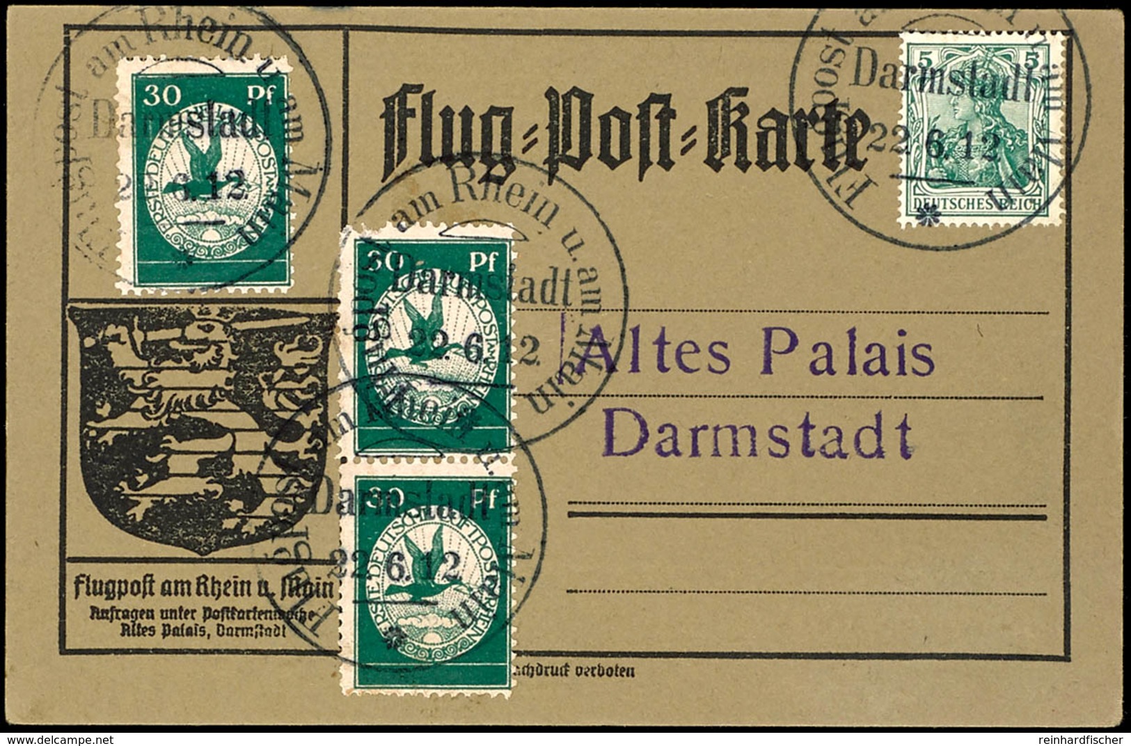 1912, 30 Pfg. Flugpost Am Rhein Und Main, Flugpostkarte Mit 3 Stück (1 Mke. Zahnf.) Aus "DARMSTADT 22.6.12", Katalog: 12 - Sonstige & Ohne Zuordnung