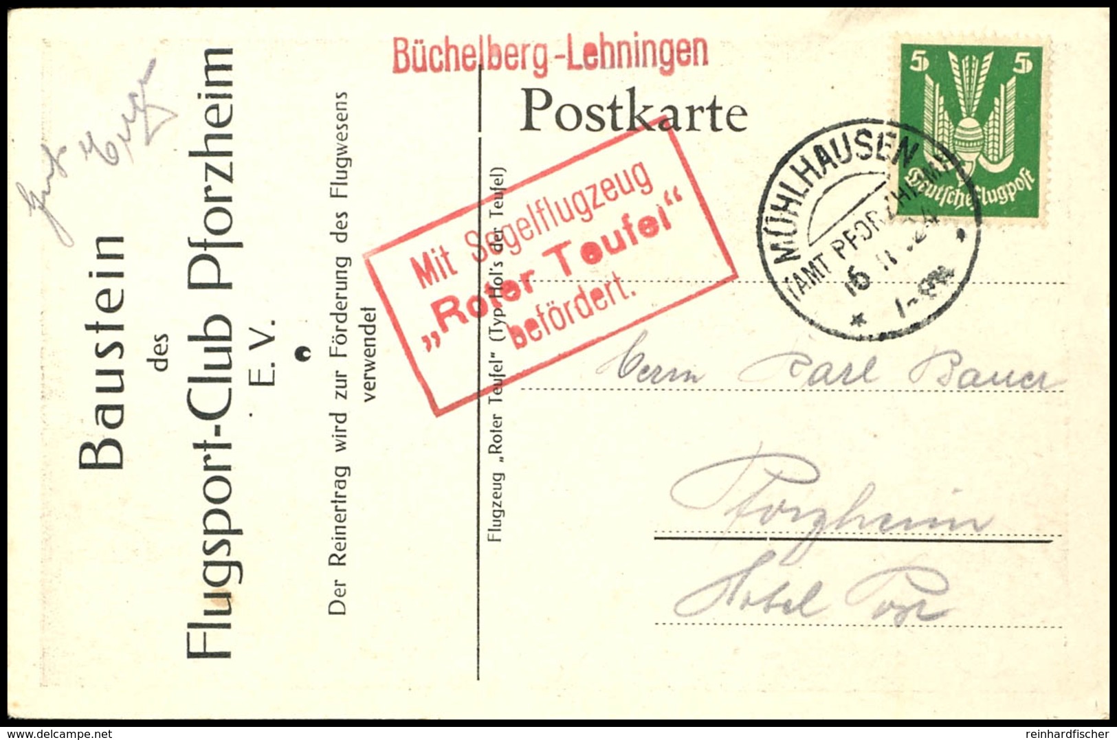 Mühlhausen (Amt Pforzheim), 1924  16.11, 5 Pfg Holztaube Als Einzelfrankatur Auf Karte Ohne Segelflugmarke, Befördert Mi - Sonstige & Ohne Zuordnung