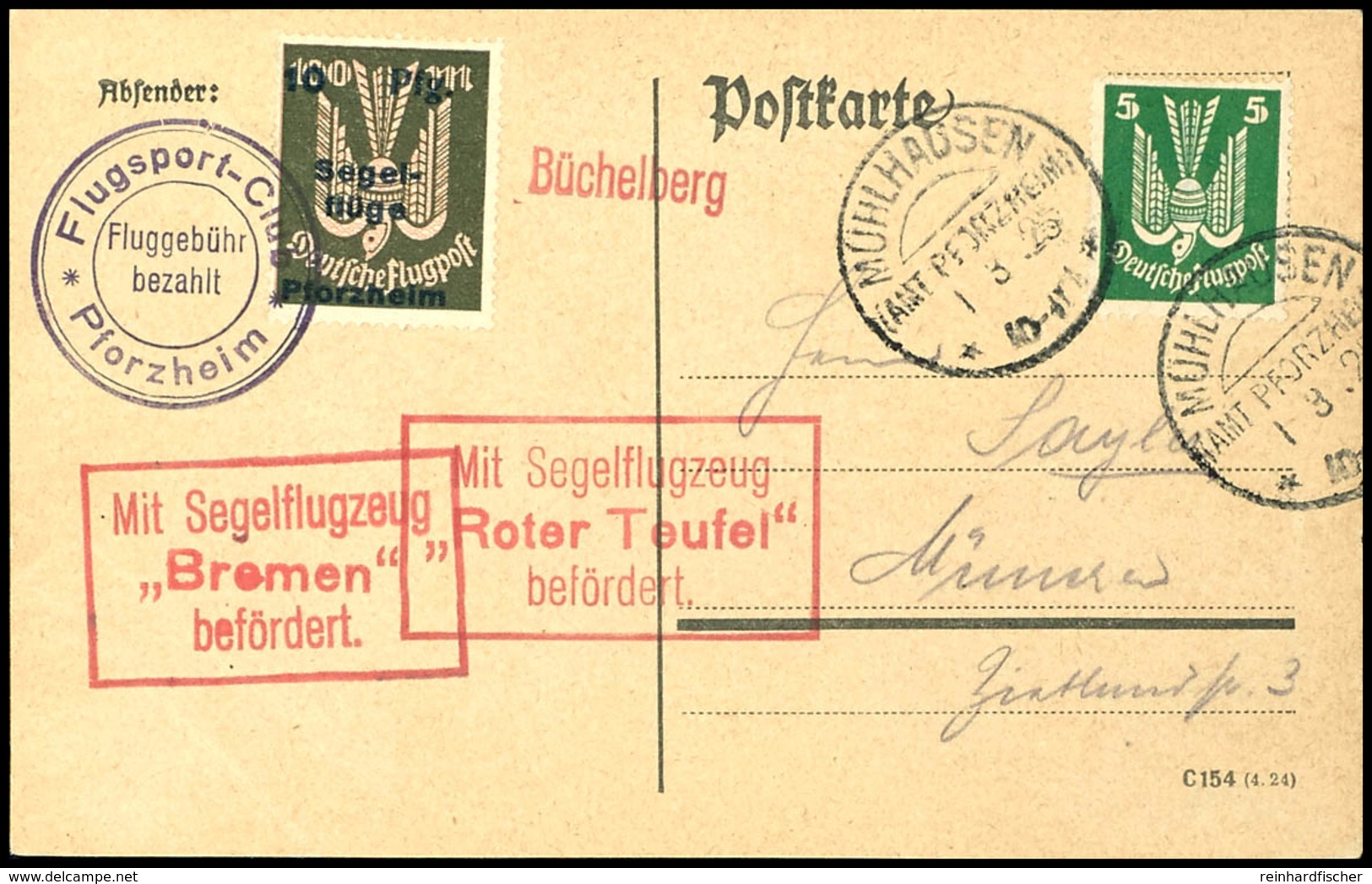 1924, Segelflüge Am Büchelsberg, 10 Pfg Auf 100 Mark Auf Karte Mit 5 Pfg Holztaube Je Mit Sonderstempel Vom 1.3.1925, Be - Other & Unclassified