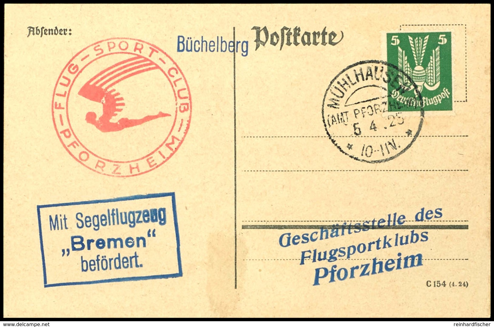 Mühlhausen (Amt Pforzheim), 1925.4.5, 5 Pfg Holztaube Als Einzelfrankatur Auf Karte Ohne Segelflugmarke, Befördert Mit S - Sonstige & Ohne Zuordnung