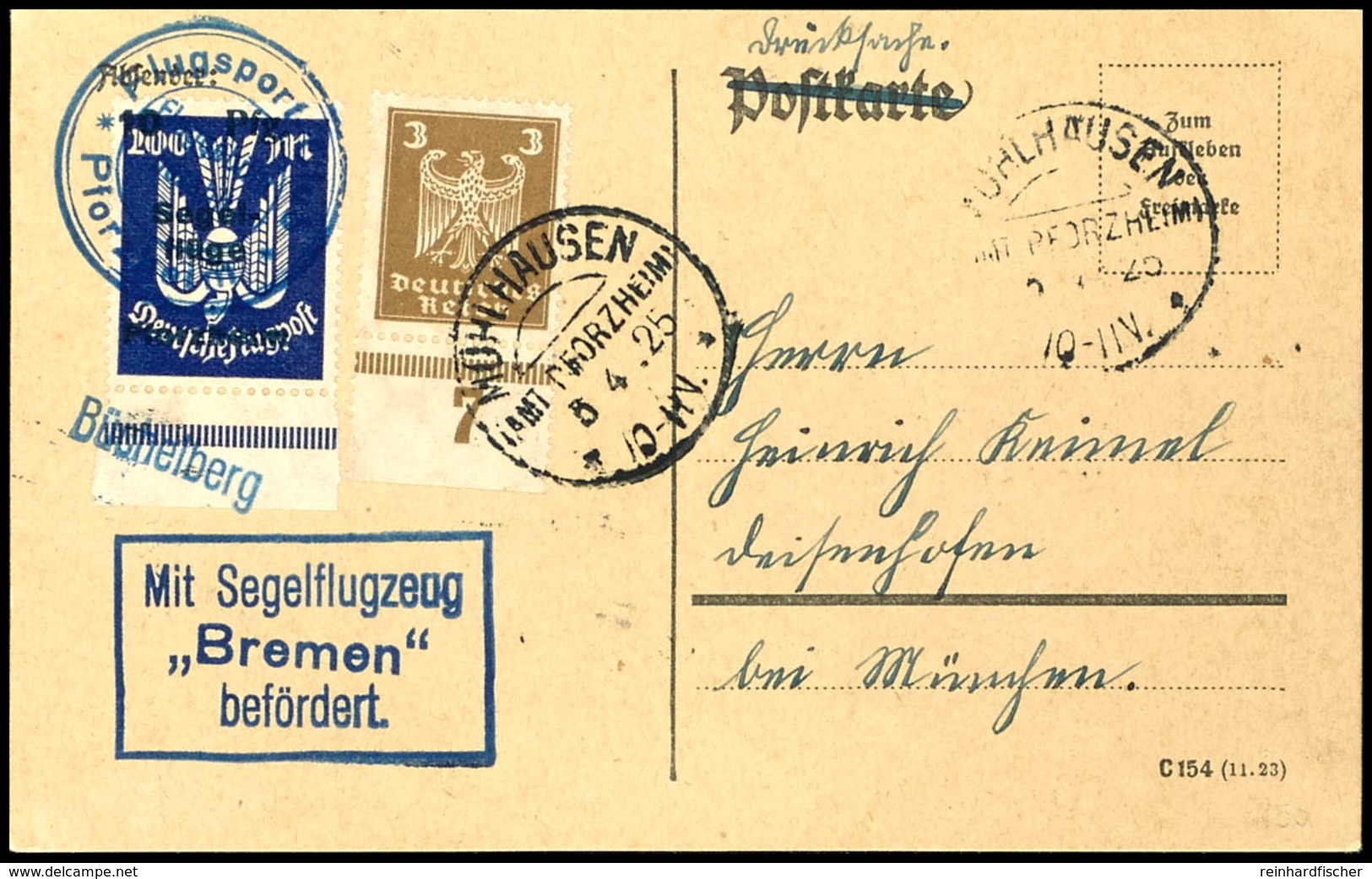 1925, Segelflüge Am Büchelsberg, 10 Pfg Auf 200 Mark Auf Karte Mit 3 Pfg Holztaube Mit Entwertung Vom 5.4.1925, Tadellos - Sonstige & Ohne Zuordnung