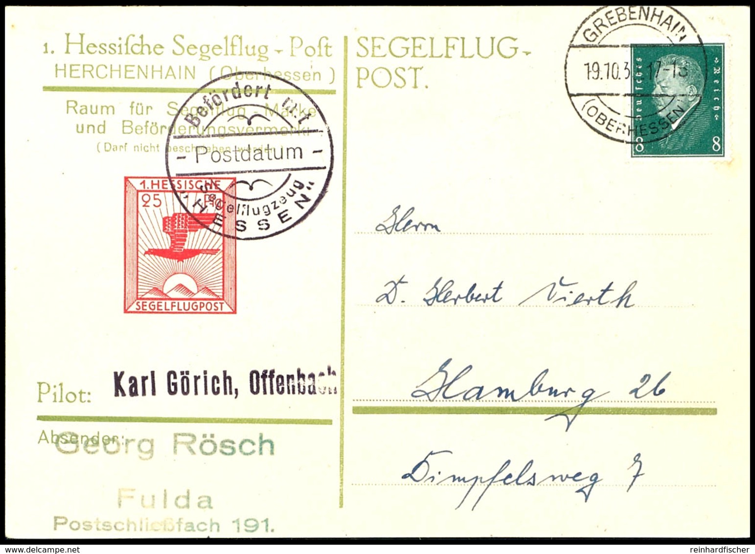 1930, Gedenkkarte Anlässlich Der 1. Hessischen Segelflugpost, Frankiert Mit 8 Pfg Ebert Und Ersttagsstempel "GREBENHAIN  - Other & Unclassified