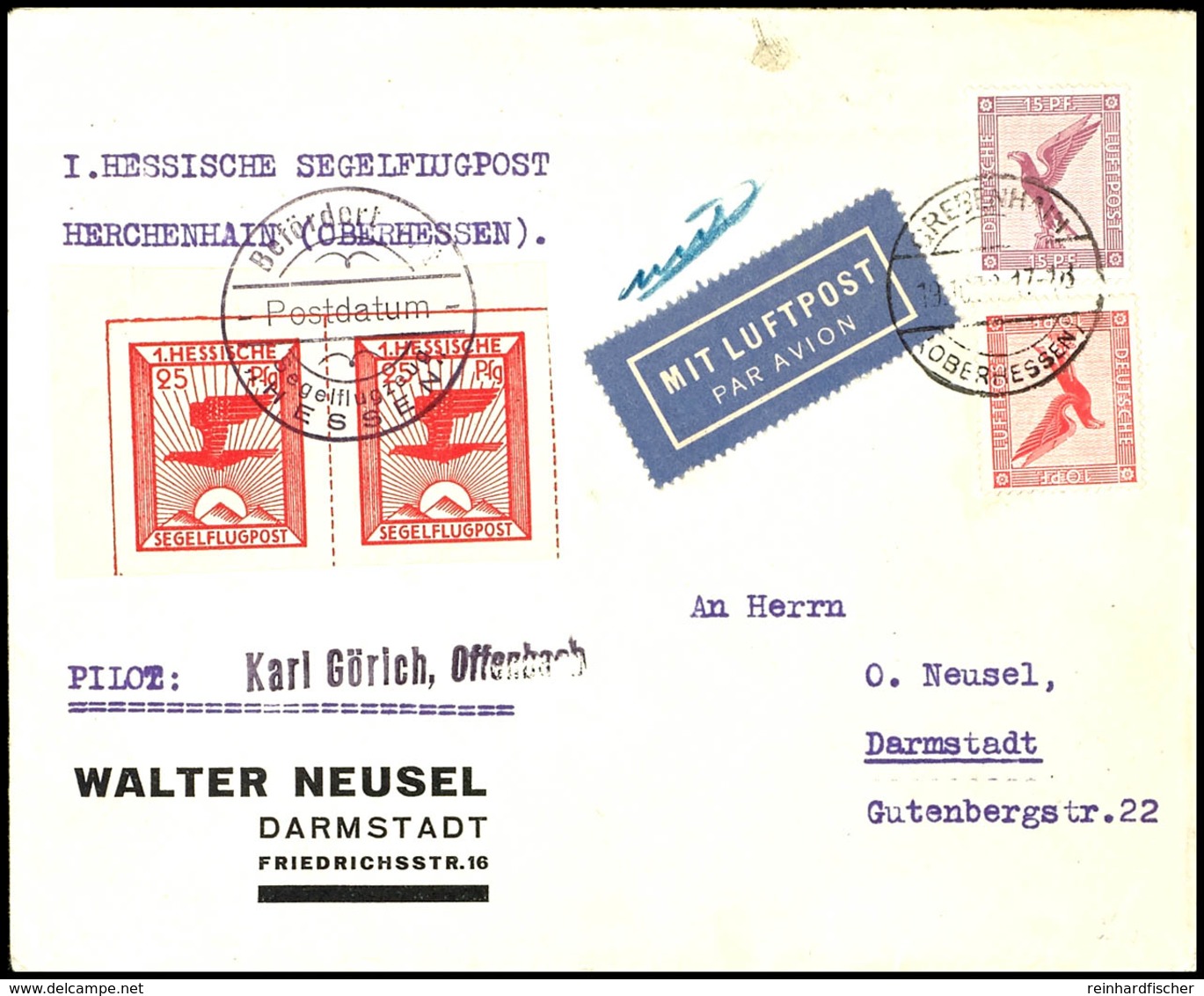 1930, 1. Hessische Segelflugpost, 25 Pfg Adler über Aufgehender Sonne (2) Auf Brief Mit 10 Pfg Und 15 Pfg Steinadler Mit - Sonstige & Ohne Zuordnung