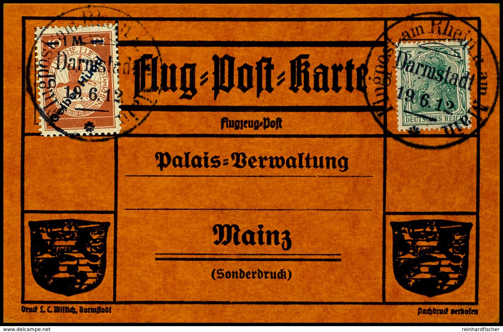 1913, 1 M. Gelber Hund Auf Entsprechender Flugpostkarte Mit 5 Pfg. Germania Und Flugstempel Darmstadt 19.6. An Die Palai - Sonstige & Ohne Zuordnung