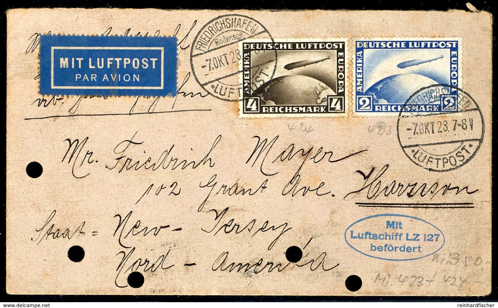 1928, Amerikafahrt, Brief Mit 2 Und 4 RM. Zeppelin Von "FRIEDRICHSHAFEN 7. OKT 28" Nach Harrison / USA Mit Ankunftsstemp - Sonstige & Ohne Zuordnung