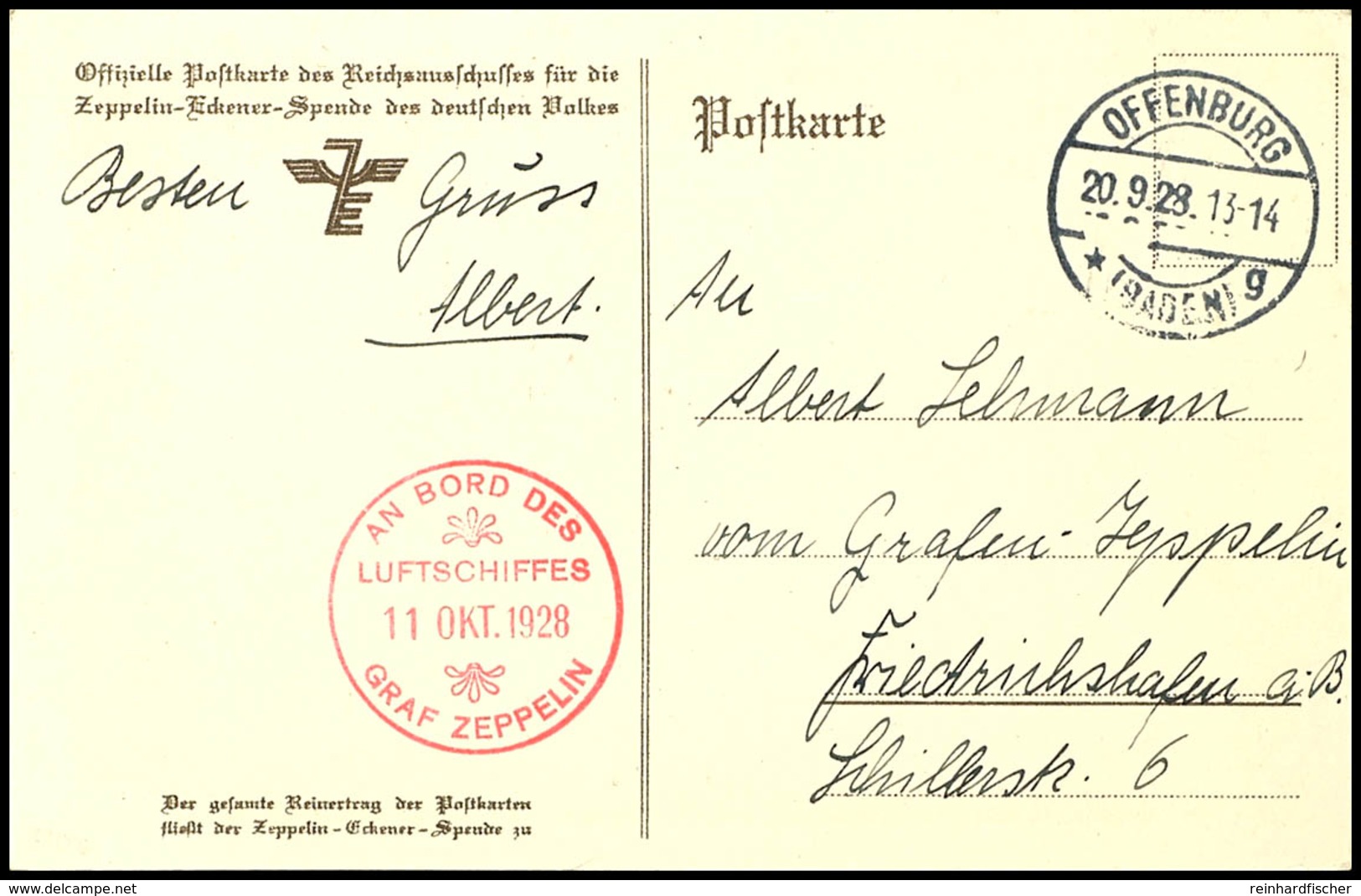 1924, Südwestdeutschlandfahrt Mit Abwurf Offenburg, Eckener Spendenkarte Ohne Frankatur Mit Bordstempel Mit Fehldatum 11 - Sonstige & Ohne Zuordnung