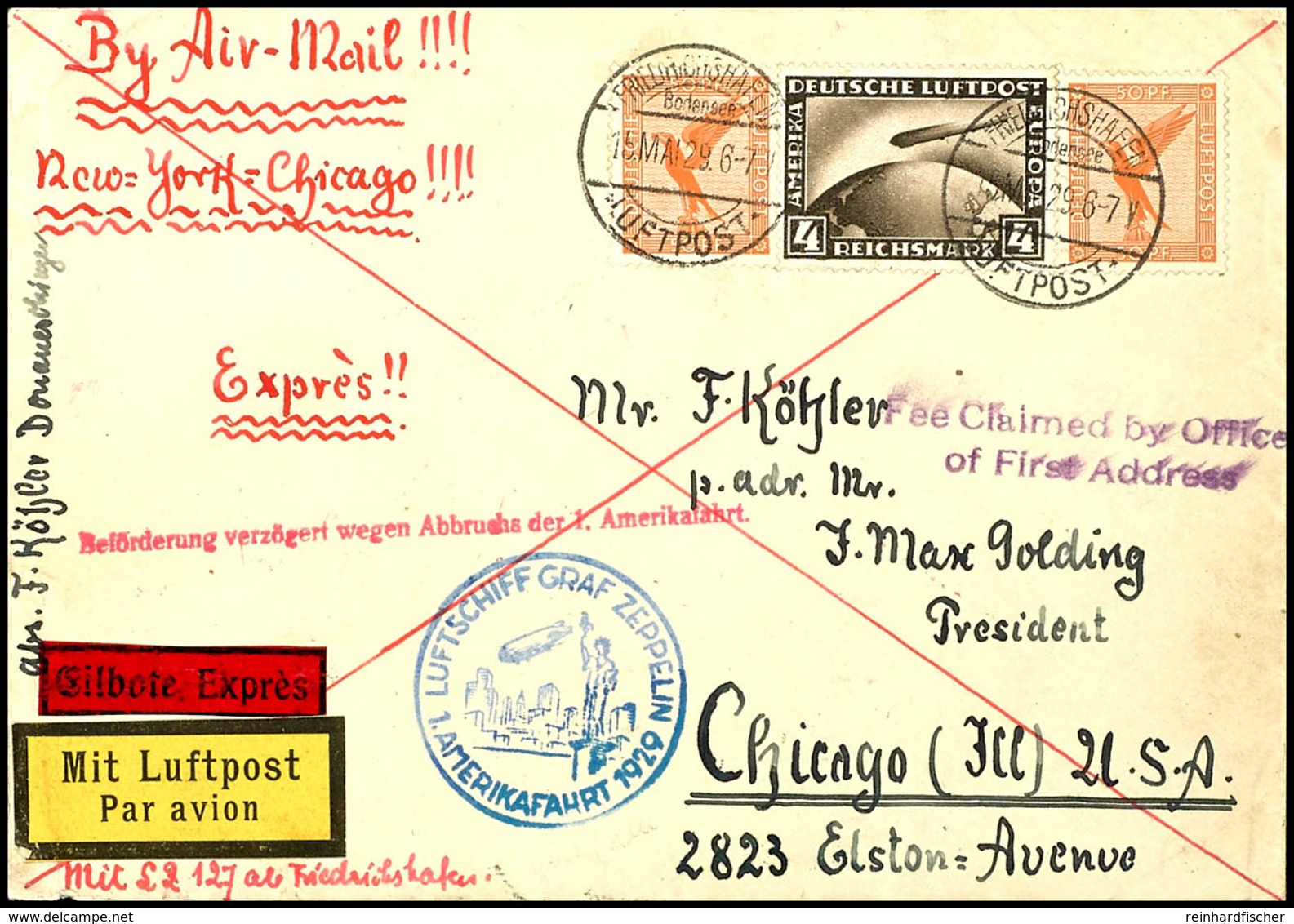 1929, 1. Nordamerikafahrt, Auflieferung Friedrichshafen Mit Verzögerungsfahrt, Eilboten-Brief Mit 4 RM Zeppelin Und Zwei - Sonstige & Ohne Zuordnung