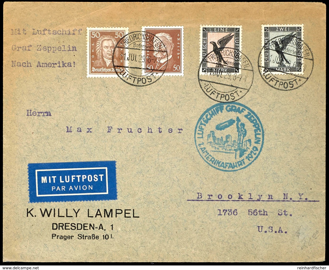 1929, 1. Amerikafahrt, Brief Mit Flug 1 Und 2 Mk., Bach Und Hindenburg 50 Pfg. (Nr. 382/83,396,420), Aufgabe Friedrichsh - Sonstige & Ohne Zuordnung