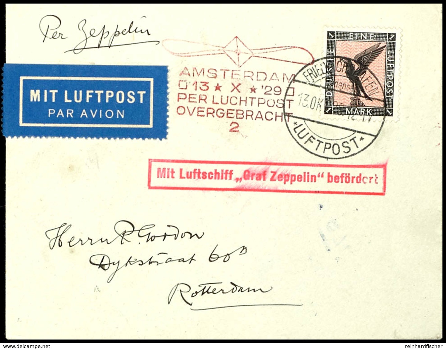 1929, Hollandfahrt, Abwurf Amsterdam Mit Auflieferung Friedrichshafen Und Ankunftsstempel Type 2 In Rot, Brief Mit 1 M.  - Sonstige & Ohne Zuordnung