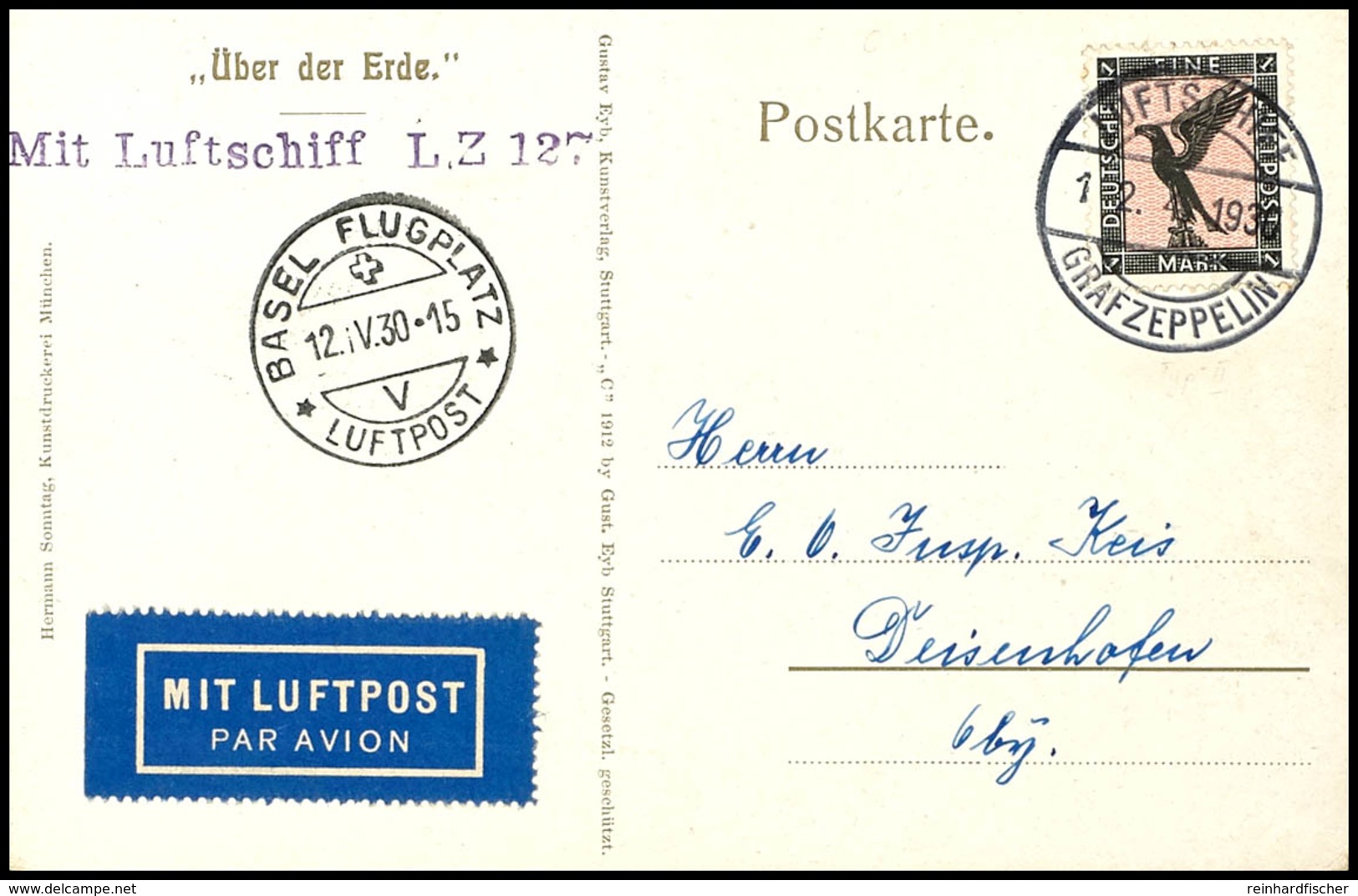 1930, Schweizfahrt, Bordpost Vom 12.4. Mit Abwurf Basel, Karte Mit 1 M. Adler Nach Deisenhofen, Pracht, Katalog: Si.51C  - Sonstige & Ohne Zuordnung