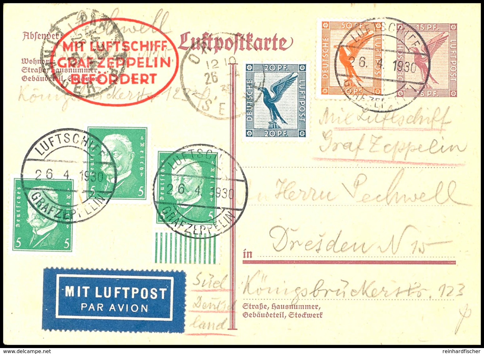 1930, Englandfahrt, Bordpost Vom 26.4. Mit Abwurf Orly, Ganzsachenkarte Mit Bunter Zufrankatur Und Vorderseitig Allen St - Sonstige & Ohne Zuordnung