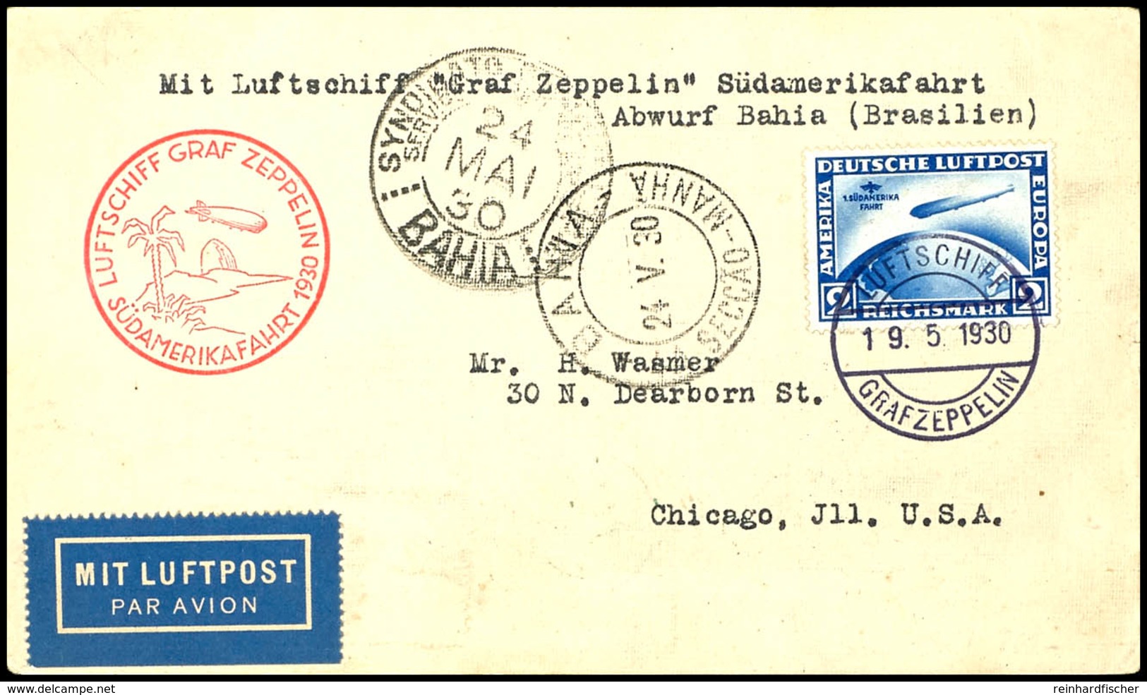 1930, Südamerikafahrt, Bordpost Vom 19.5. Bis Bahia, Karte Mit 2 M. Südamerikafahrt Via New York Nach Chicago, Leichte P - Sonstige & Ohne Zuordnung