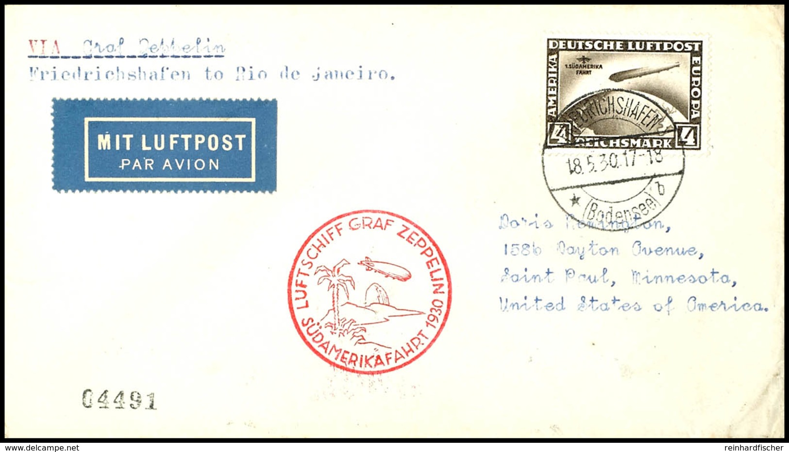 1930, Südamerikafahrt, Auflieferung Friedrichshafen Bis Rio De Janeiro, Brief Mit 4 M. Südamerikafahrt, Adressiert In Di - Altri & Non Classificati