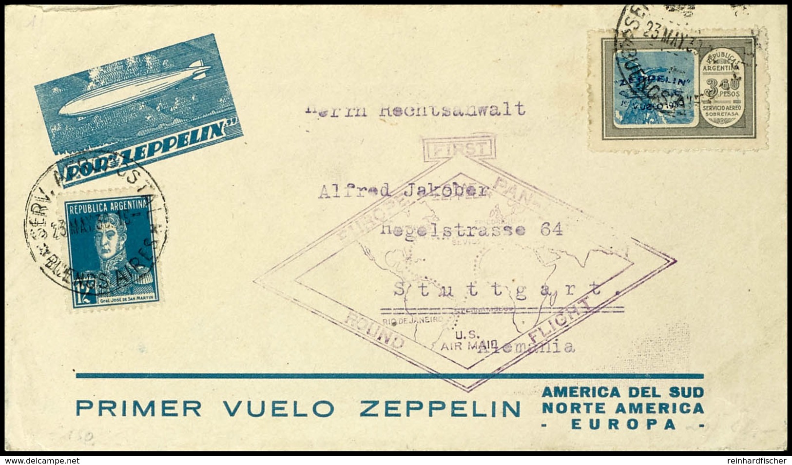 1930, Südamerikafahrt, Argentinische Post Bis Friedrichshafen, Vordruckbrief Mit 3.60 P. Zeppelin Mit Blauem Aufdruck Un - Sonstige & Ohne Zuordnung