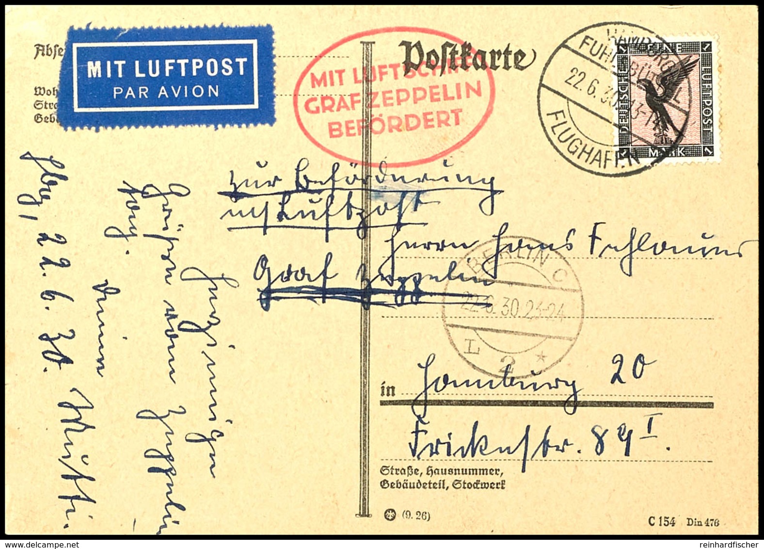 1930, Deutschlandfahrt, Auflieferung Hamburg Bis Berlin, Karte Mit 1 M. Adler Und Aufgabestempel "HAMBURG-FUHLSBÜTTEL FL - Sonstige & Ohne Zuordnung