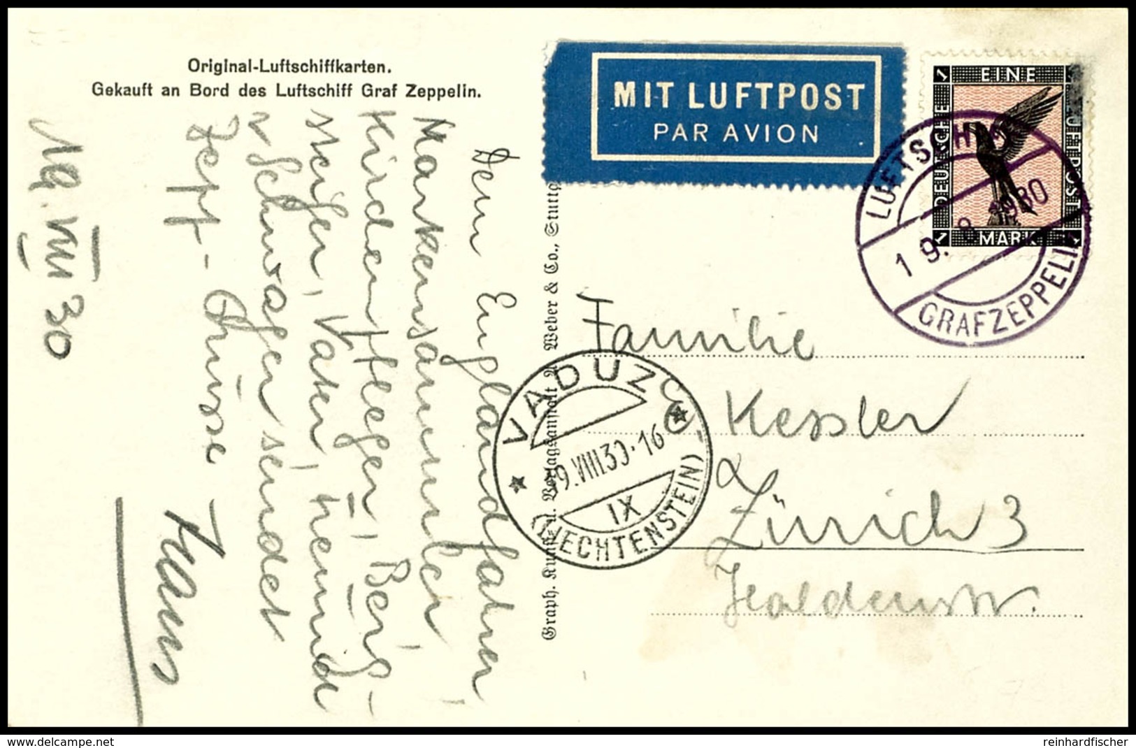 1930, Schweizfahrt Und Fahrt Nach Vaduz, Bordpost Vom 19.8., Fotokarte Mit 1 M. Adler (Eckfehler) Und Text Mit Datierung - Sonstige & Ohne Zuordnung