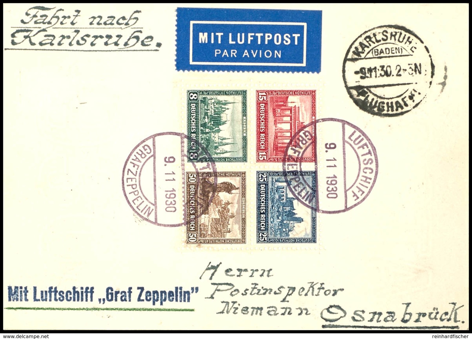 1930, Landungsfahrt Nach Karlsruhe, Bordpost Nach Karlsruhe, Bildpostkarte Mit IPOSTA-Block Und Rückseitiger 5 Pfg Hinde - Sonstige & Ohne Zuordnung