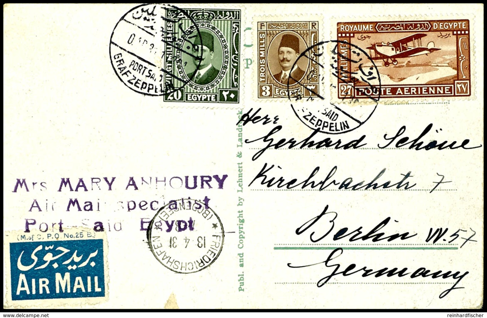 1931, Landungsfahrt Nach Ägypten, ägyptische Post Mit Postsonderstempel Port Said, Karte Mit Normaler Frankatur Via Frie - Sonstige & Ohne Zuordnung