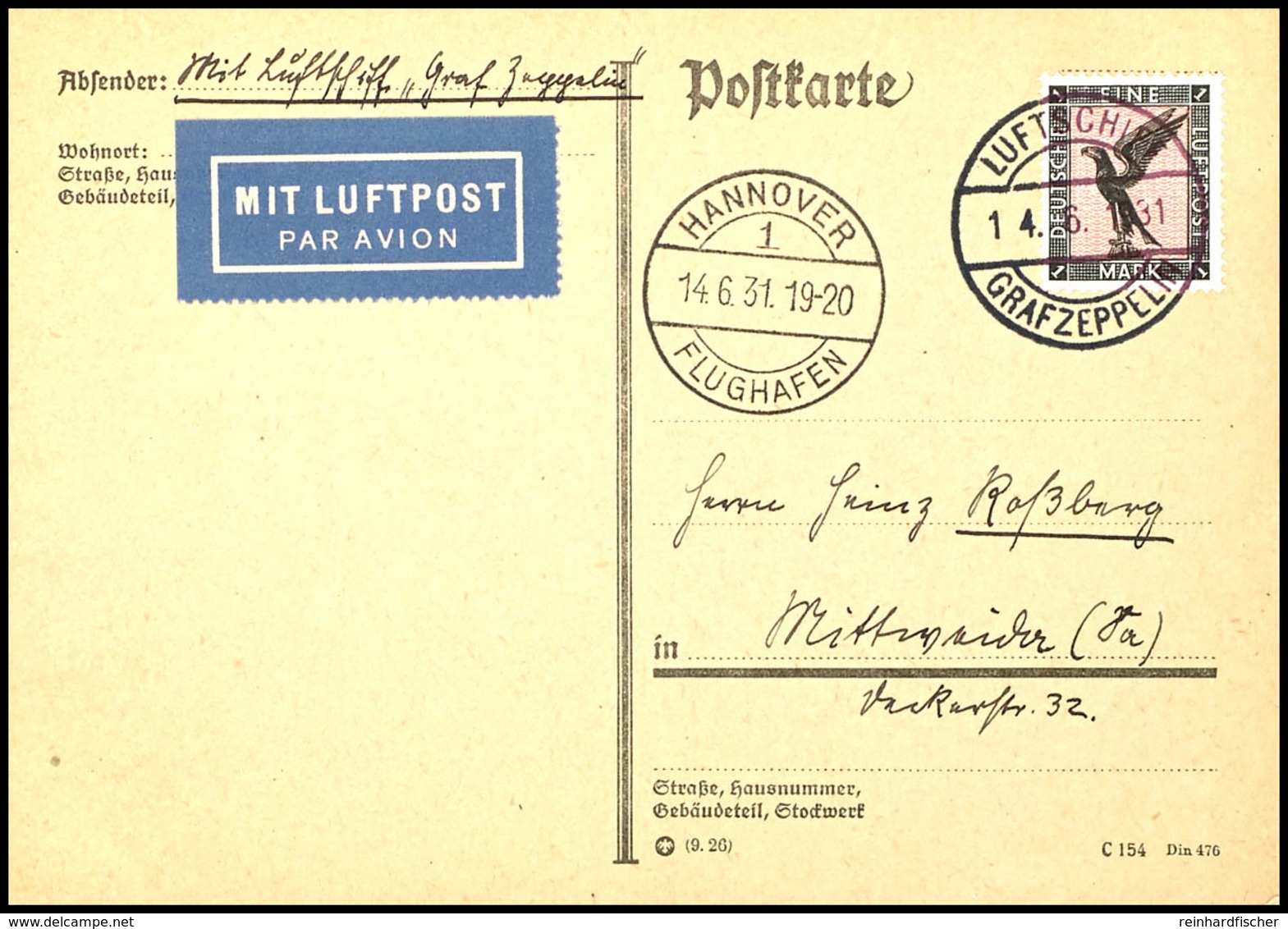 1931, Fahrt Nach Hannover, Bordpost Vom 14.6., Karte Mit 1 M. Adler Und Vorderseitigem Ankunftsstempel, Adressiert Nach  - Autres & Non Classés