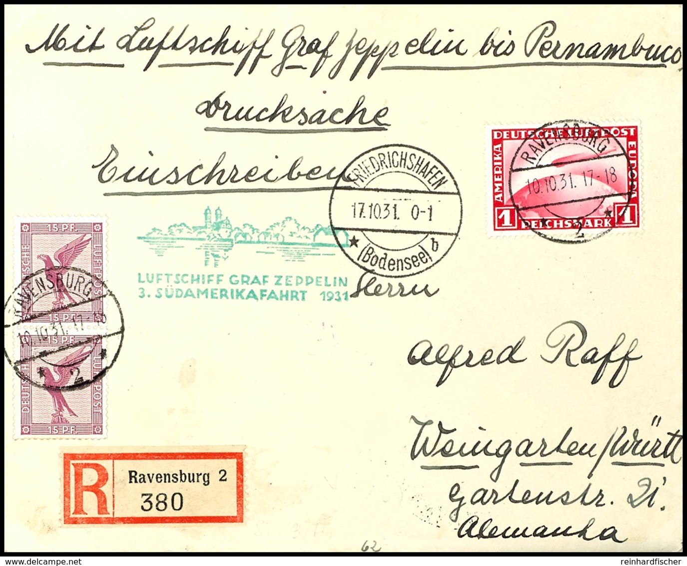 1931, 3. Südamerikafahrt, Auflieferung Friedrichshafen Bis Recife, R-Drucksachenumschlag Aus RAVENSBURG 10.10. Mit U.a.  - Sonstige & Ohne Zuordnung