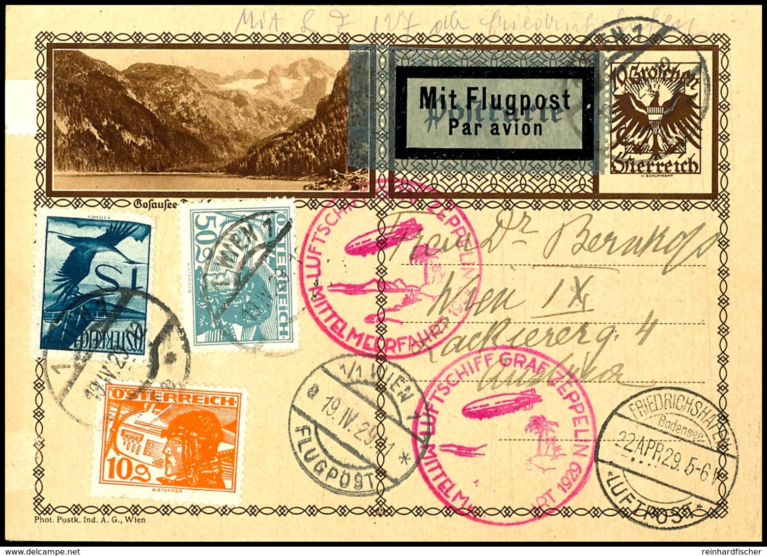 Österreich: 1929, Mittelmeerfahrt, Auflieferung Friedrichshafen, 10 G Bild-Ganzsachenkarte Mit Zufrankatur Und Allen Ste - Autres & Non Classés