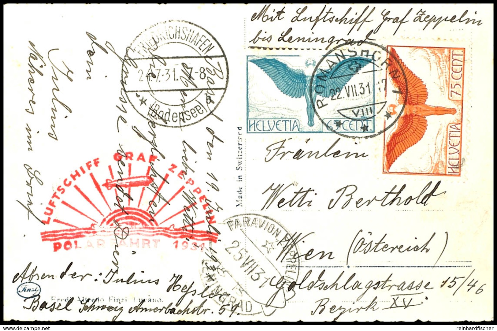 Schweiz: 1931, Polarfahrt, Auflieferung Friedrichshafen Bis Leningrad, Karte Aus ROMANSHORN 22.VII. Mit Flugpostmarken-F - Autres & Non Classés