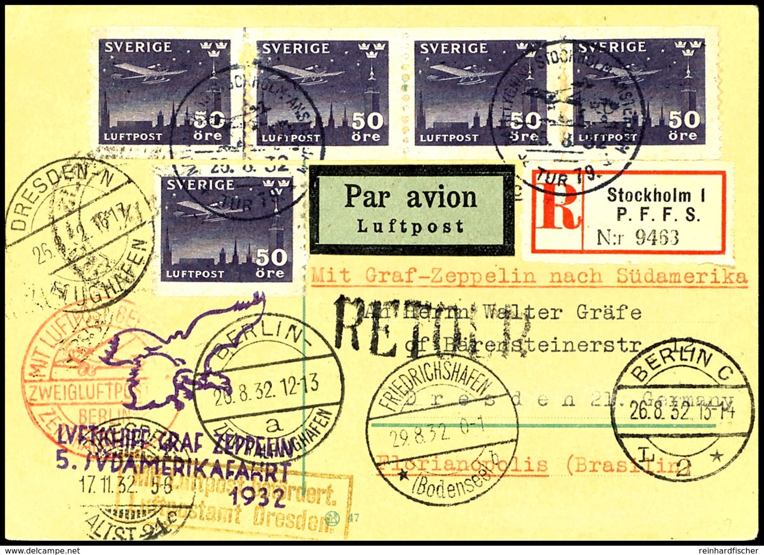 Schweden: 1932, 5. Südamerikafahrt, Auflieferung Friedrichshafen, R-Karte Aus STOCKHOLM 25.8. Mit Mehrfachfrankatur 50 Ö - Autres & Non Classés
