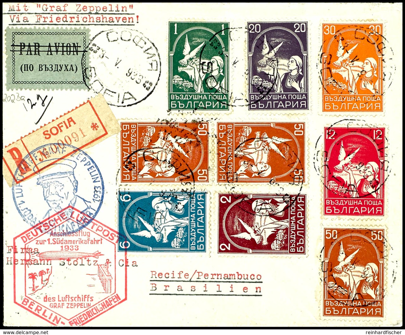 Bulgarien: 1933, 1. Südamerikafahrt Mit Anschlussflug Berlin, R-Brief Aus SOFIA 3.5. Mit Kpl. Flugpostsatz 1931 Und Zusä - Autres & Non Classés