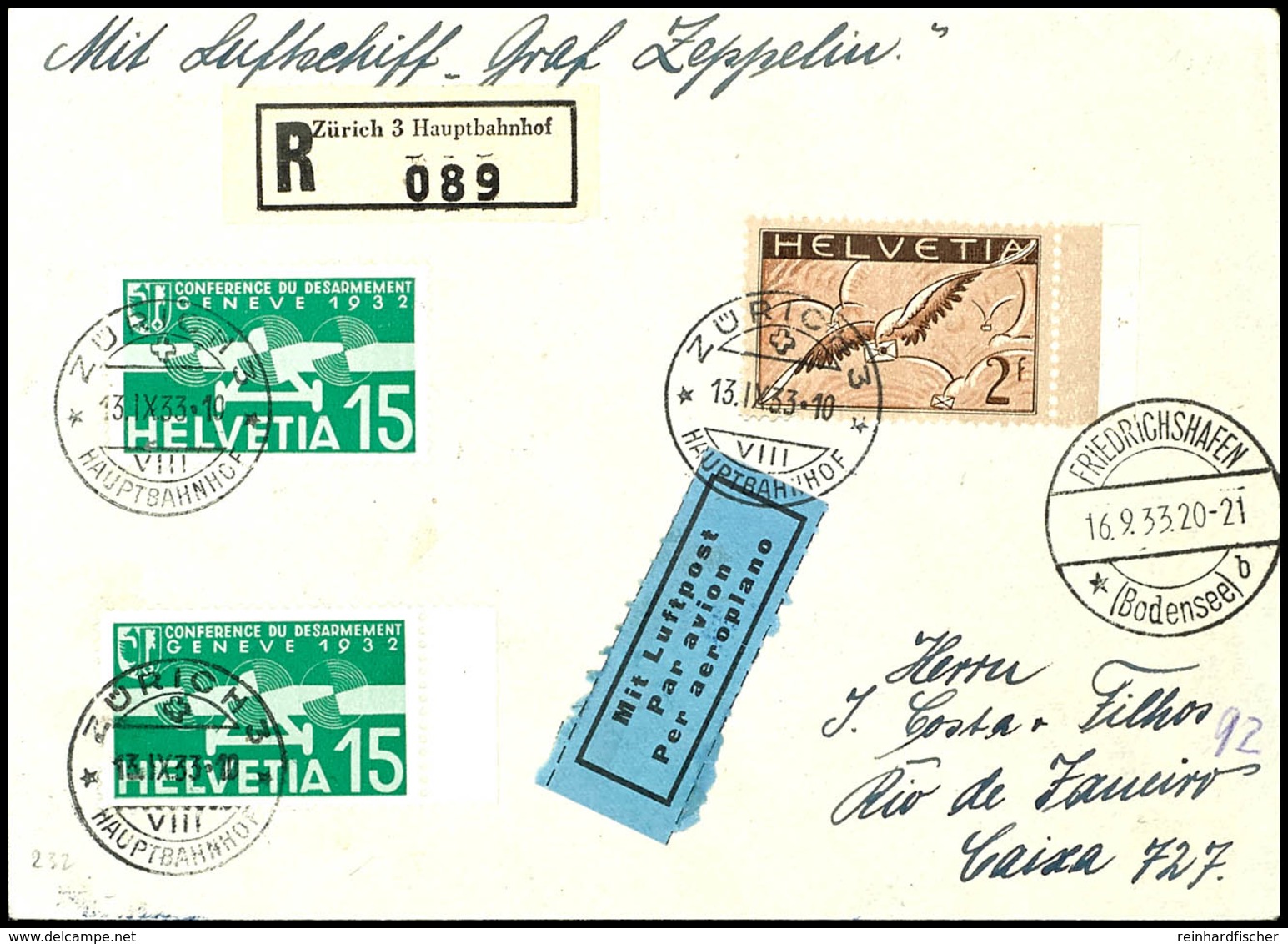 Schweiz: 1933, 7. Südamerikafahrt, Auflieferung Friedrichshafen Bis Rio, R-Brief Aus ZÜRICH 13.IX. Mit Flugpostfrankatur - Autres & Non Classés