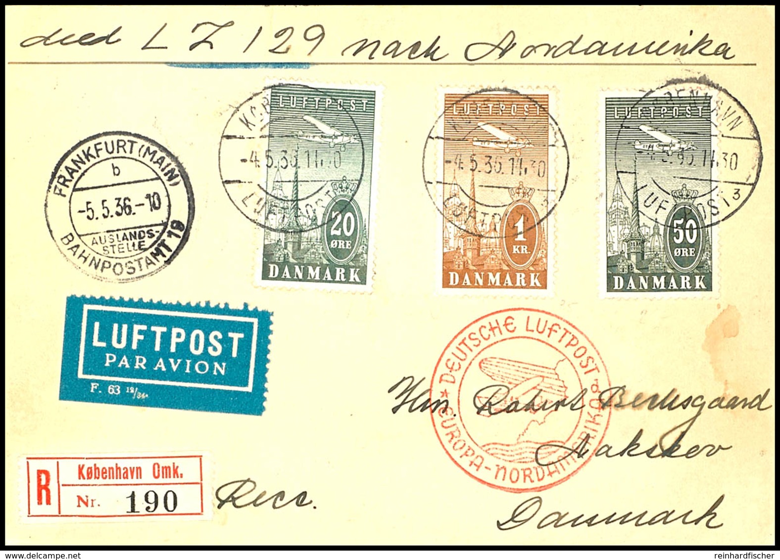 Dänemark: 1936, 1. Nordamerikafahrt, R-Karte Aus KOBENHAVN 4.5. Via Frankfurt Mit Best.-Stempel "d" Via New York Nach Dä - Autres & Non Classés