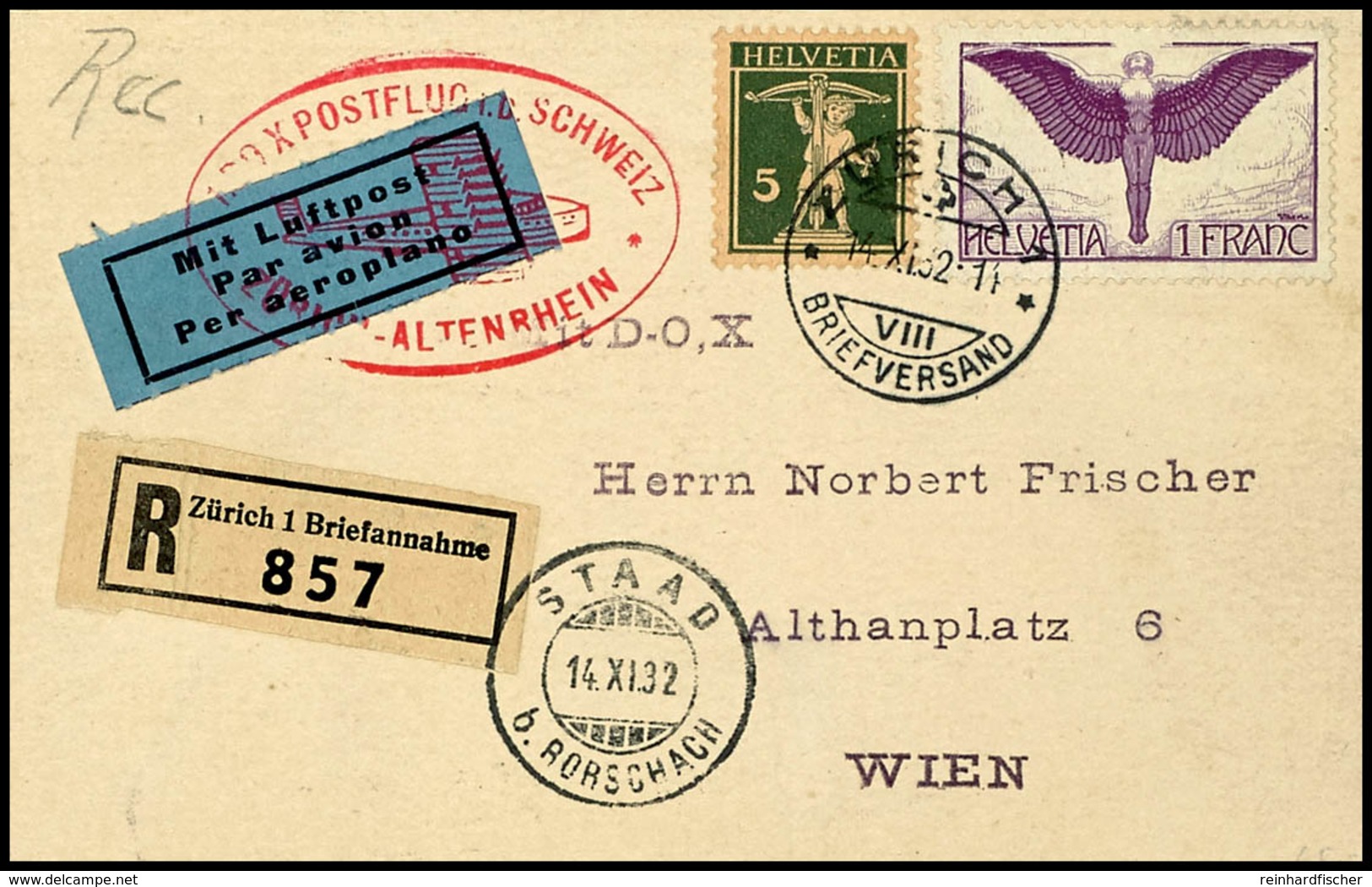 Schweiz: 1932, 1. Postflug In Die Schweiz, R-Karte Aus ZÜRICH 14.XI. Mit U.a. 1 Fr. Flugpost Nach Altenrhein Mit Ankunft - Sonstige & Ohne Zuordnung