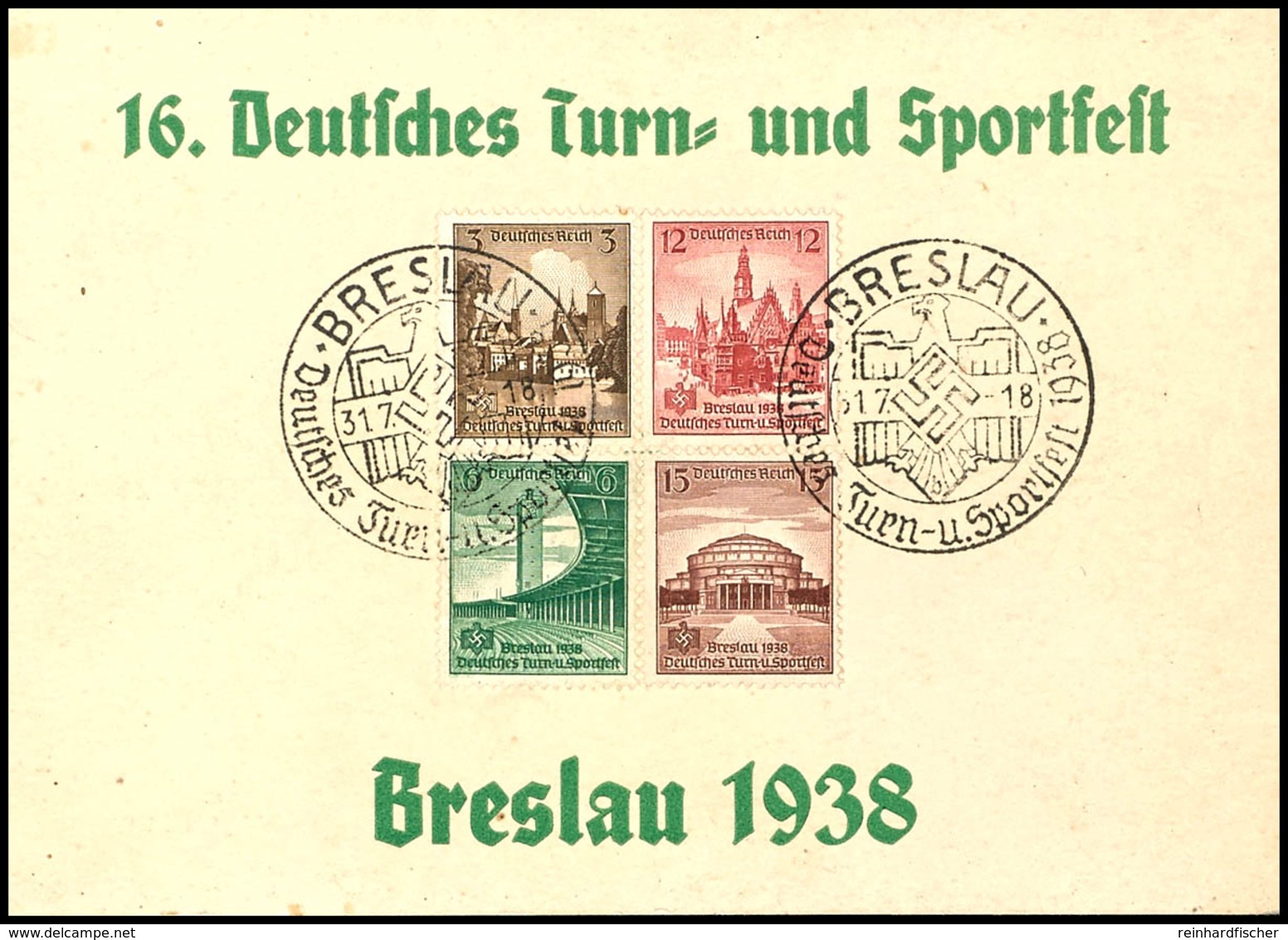 1938, 16. Deutsches Turn- Und Sportfest Breslau, Mi.-Nr. 665/68 Auf Kl. Gedenkblatt Mit Passendem SST Breslau 31.7.38, R - Sonstige & Ohne Zuordnung