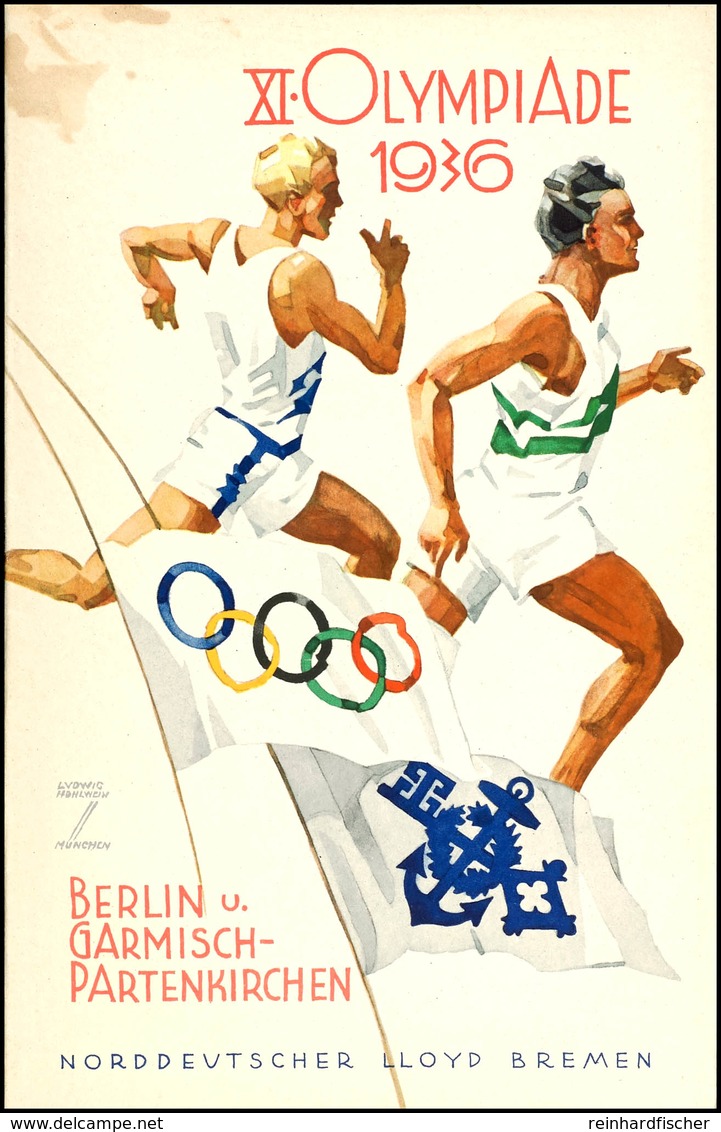 1936, Großformatige Speisekarte "XI.Olympiade 1936" Des Dampfer Bremen Mit Zwei Läufern Und Den Olympischen Ringen, Sign - Sonstige & Ohne Zuordnung